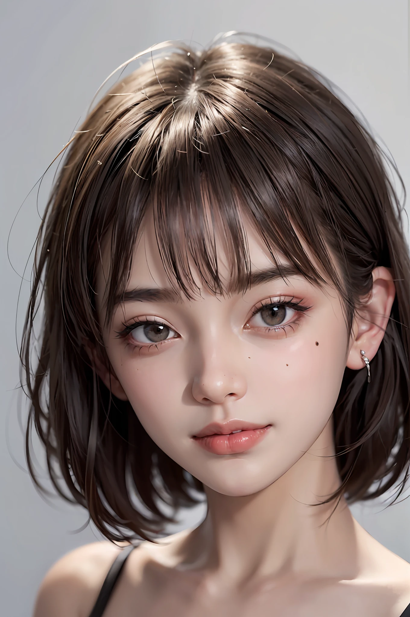 SeaArt Bot Variations 13:44:05 ((Masterpiece, Best Quality, High Definition)), 1 Girl, (Photorealistic: 1.4), Solo, White Background, Pure White Background, Mouth Closed, Happy Smile, Happy Smile, Pretty Black Hair, Short Hair, Big Eyes, Clear Double Eyelids, Eyelashes, Ears Out, Long Neck, Absolute Area, Skirt, ((Face Close-Up) ), (draw all head, shoulders), 19 years old, attractive proportions, shiny skin, clean collarbone, face in golden proportions, perfect face, tearful mole, mole on chest, bangs, clean bangs, lip gloss, thin lips, white skin, naked, big breasts