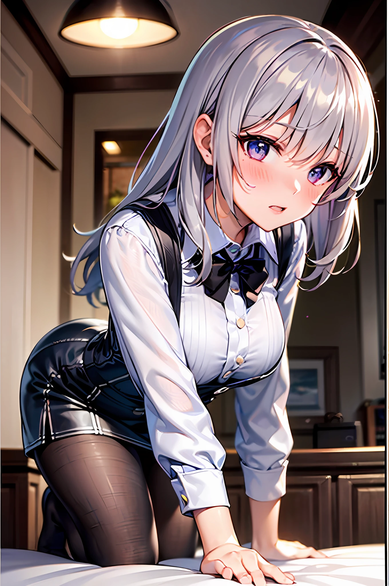 One lady，{Best Quality}, {ultra-detailliert}, {very detailed illustration}, Top image quality，silber hair, Aimei, embarrassed from，breastsout，red blush，Black tie，{Suspender Skirt}，suspenders，skirt by the，long-sleeve，Casual clothing，a bed，all-fours，{bustup}，front-facing view