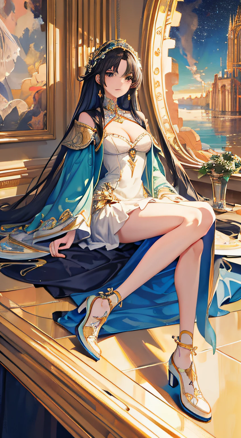 a stunning interpretation of nike high heel shoe sneaker, Beautiful dress, ads, solarpunk, highly detailed and intricate, Golden ratio, Very colorful, hypermaximalist, opulent, luxury goods, Gorgeous crystal palace, CG rendering European style, Overlooking, children's storybook, rose surround, Efeito de Luz, Heavenly, Starry sky, Super detail, illustration, 4K, illusory engine, ethereal cloud, HD..