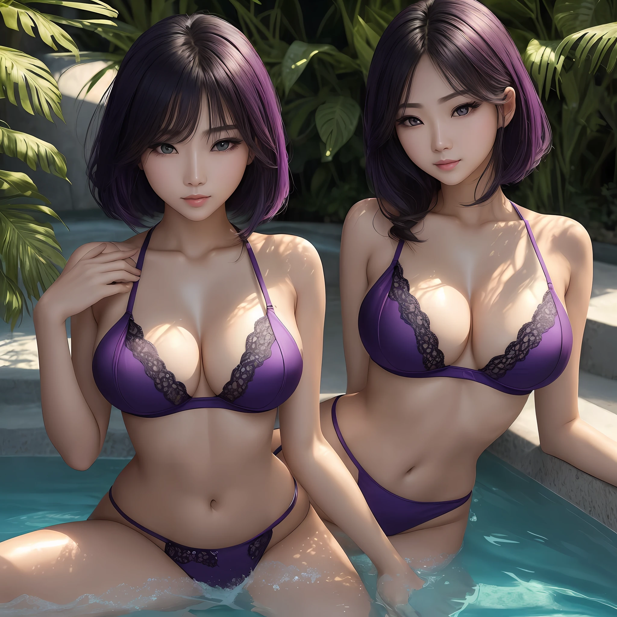 Asian woman，age 22，Super beauty，fully body photo，Purple eyes，Purple lipstick，Moisten lips，Fine light and shadow on the face are visible，Realistic light and shadow effects，Purple colored hair，short detailed hair，Black eyebrows，long eyelasher，Hair strands are visible，Super fine，Green lace lingerie，By the pool，There are water droplets all over the body，Get wet，Breasts are plump，long leges，Thin waist，There are abs，Super healthy woman，Kneel by the pool，Water droplets on the hair，The swimsuit is soaked，Bumps，The shape of the  is realistic，Ultra-fine skin tone texture，Eyes gaze at the audience，ssmile，Stroke the hair with your left hand，The right hand caresses the side of the breast，Eyes are confused，The eyes glow。 --auto