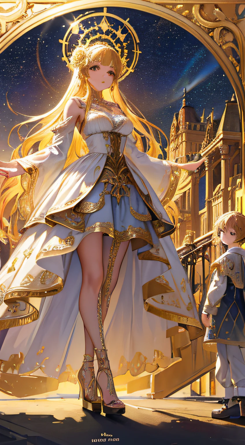 a stunning interpretation of nike high heel shoe sneaker, Beautiful dress, ads, solarpunk, highly detailed and intricate, Golden ratio, Very colorful, hypermaximalist, opulent, luxury goods, Gorgeous crystal palace, CG rendering European style, Overlooking, children's storybook, rose surround, Efeito de Luz, Heavenly, Starry sky, Super detail, illustration, 4K, illusory engine, ethereal cloud, HD..