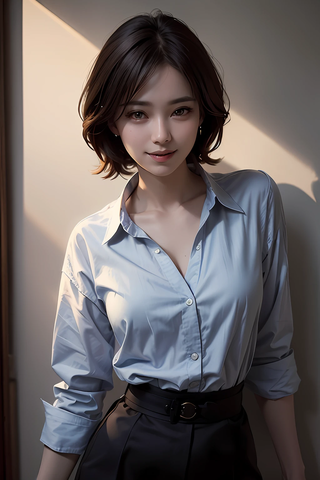 arafed woman in a blue shirt and black skirt posing for a picture, with short hair, Gorgeous young Korean woman, Beautiful young Korean woman, beautiful Korean women, korean women's fashion model, Korean girl, lee ji eun, Lee Ji-eun, Choi Hyun-hwa, hwang se - on, Korean woman, shin min jeong