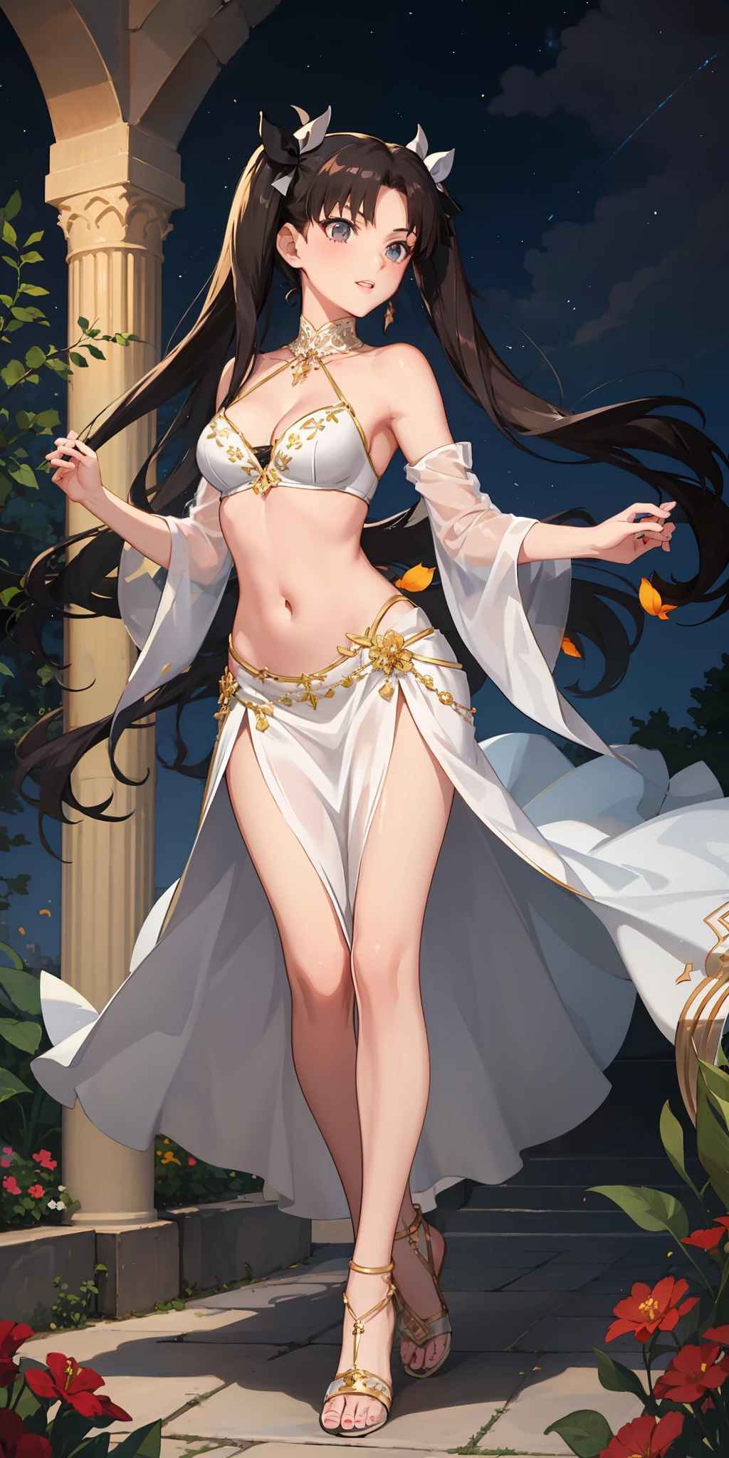 long hair, black hair, medium breast, slim legs, happy, white gown, cleavage, arabian belly dancer , skirt, rin tohsaka, twin tail, navel, garden, night