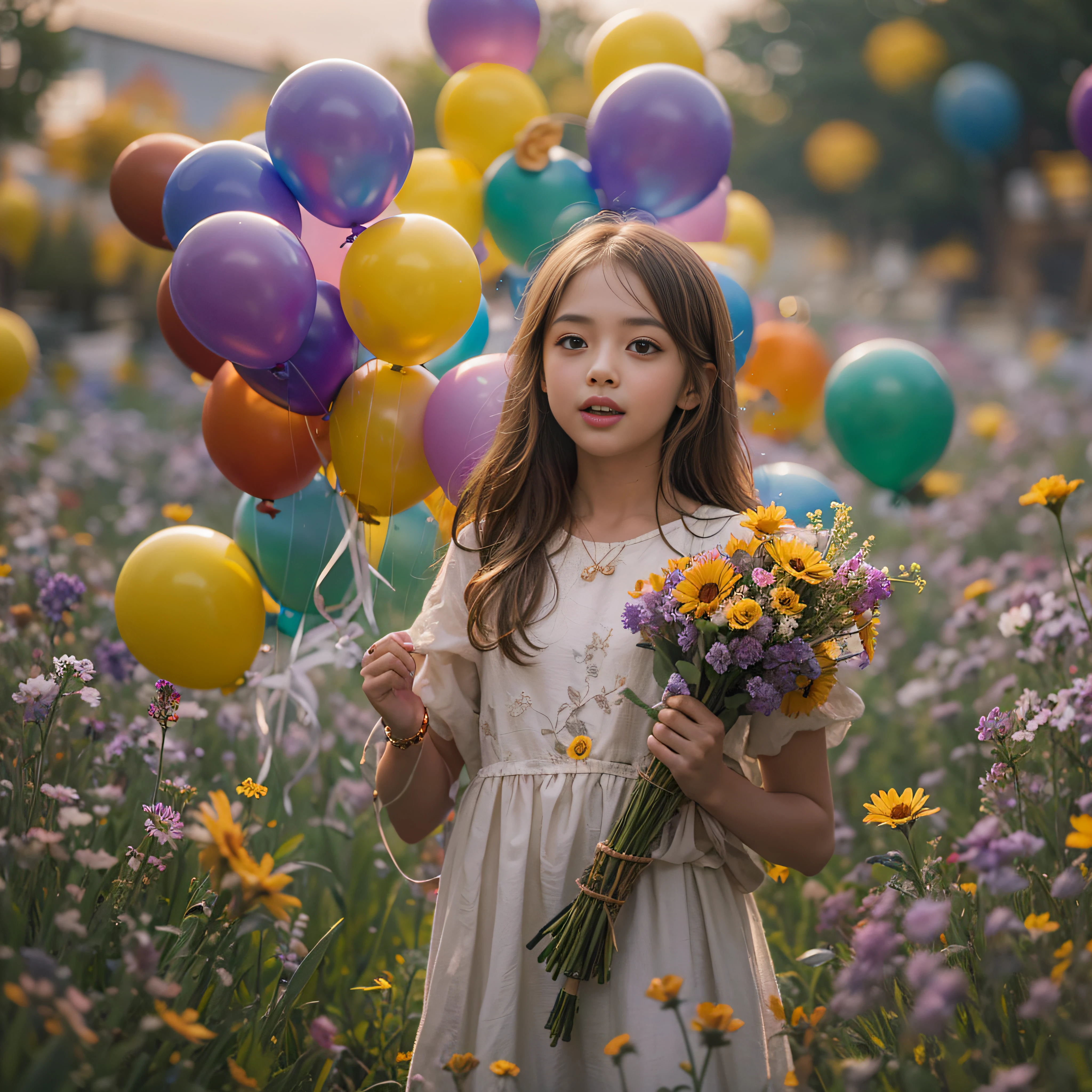 A 12-year-old girl holds flowers，There are colorful balloons floating in the sky，grassy fields,Dance,Holding flowers，cheerfulness，Rejoice，Perfect quality，Clear focus（Clutter - home：0.8）， （tmasterpiece：1.2） （realisticlying：1.2） （Bokeh） （best qualtiy） （detailedskin：1.3） （complexdetails） （8K） （detailedeyes） （Sharp focus）,（having fun）