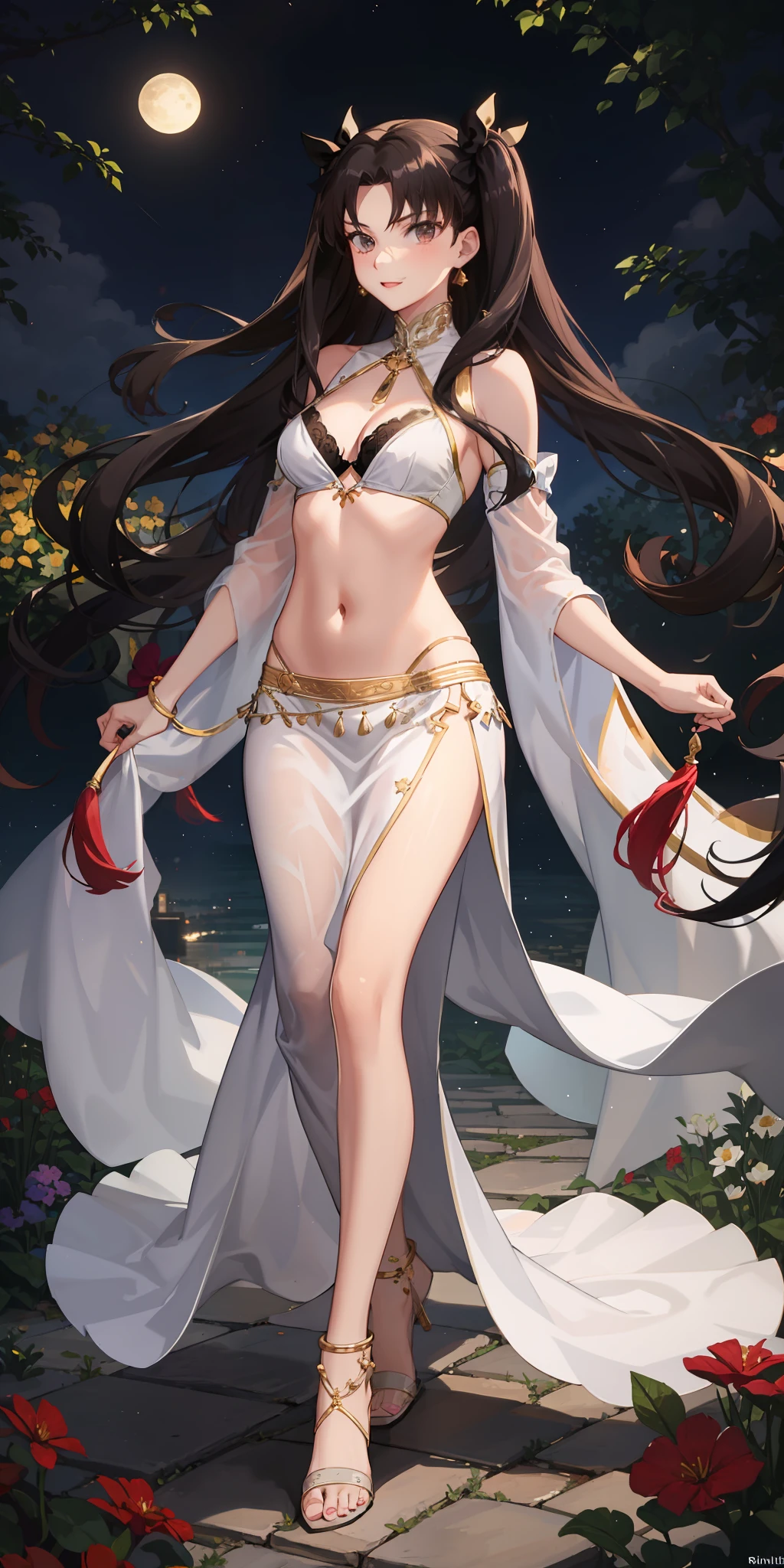 long hair, black hair, medium breast, slim legs, happy, white gown, cleavage, arabian belly dancer , skirt, rin tohsaka, twin tail, navel, garden, night