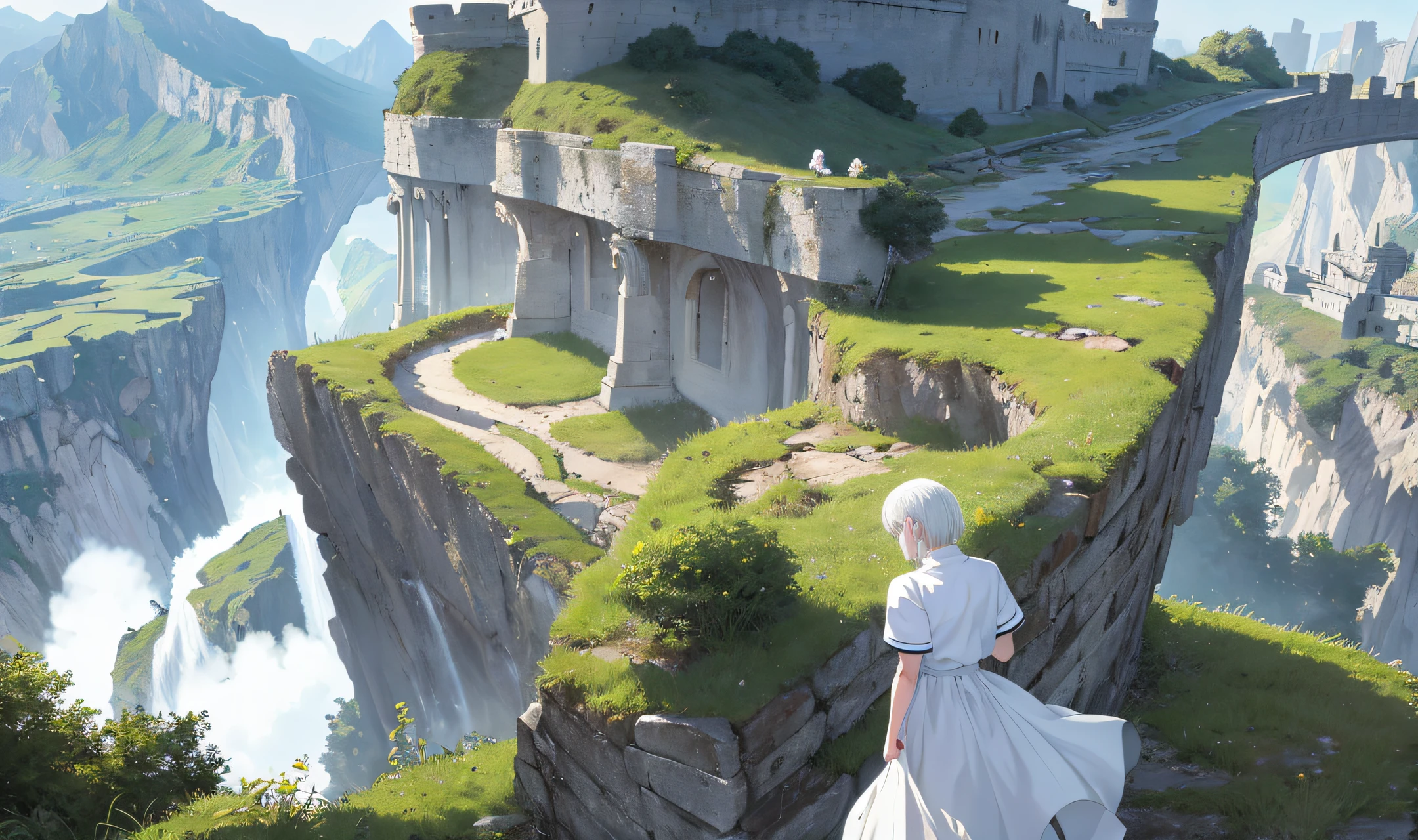 Anime, works, top quality, ultra_detailed,1girl, upper body, white hair, white shirt, short sleeves, medium-chested, silver hair, shirt, landscape, back facing, viewing landscape, spacious and beautiful landscape, there is a big wall and ancient castle, rivers flow from the wall