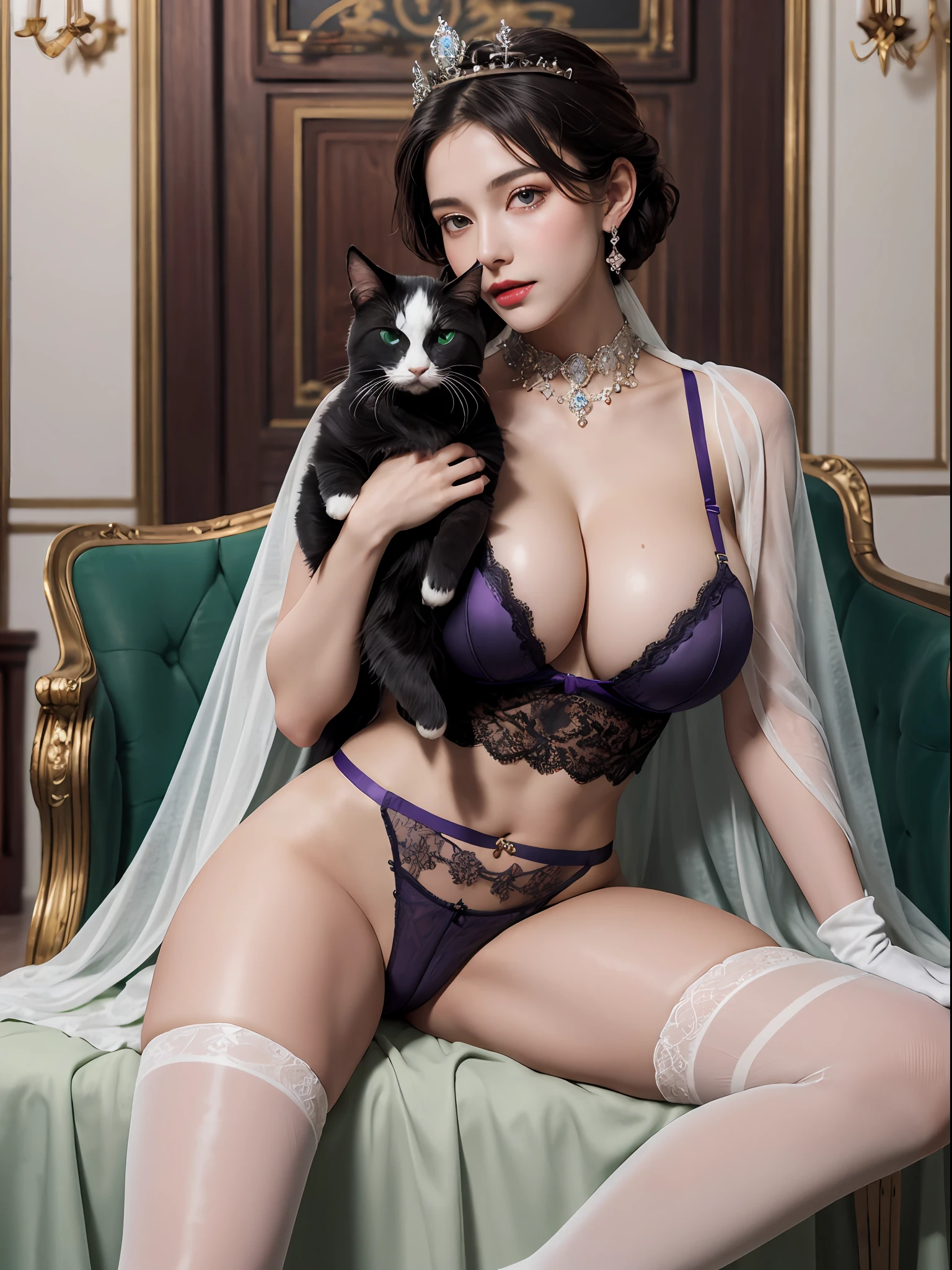 In Baroque style hall,a queen sitting on the throne and holding a cat, throne, holding, holding with both hands, holding animal, holding a fluffy cat, perfect face, beautiful face, perfect female body, mature female,Detailed green eyes, short hair, Queen's crown, darker violet gossamer veil, darker violet gossamer cloak,darker violet gossamer shawl,darker violet gossamer skirt, darker violet lace underwear,darker violet lace thong,darker violet lace gloves,stockings socks,suspenders socks, necklace,earrings,jewels,jewelry,head ornaments,hands ornaments,legs ornaments,high heels,huge breasts,large breasts,Burst breasts,Big breasts,Plump breasts,Expose breasts,bare breasts,Narrow waist,Bare ass,big ass,bare belly,bare navel,wet,wet body,sweating body,shiny skin,pubic hair,((no close up)), (8k, RAW photos, highest quality, masterpiece: 1.7). (Realistic, Photorealistic: 1.9),