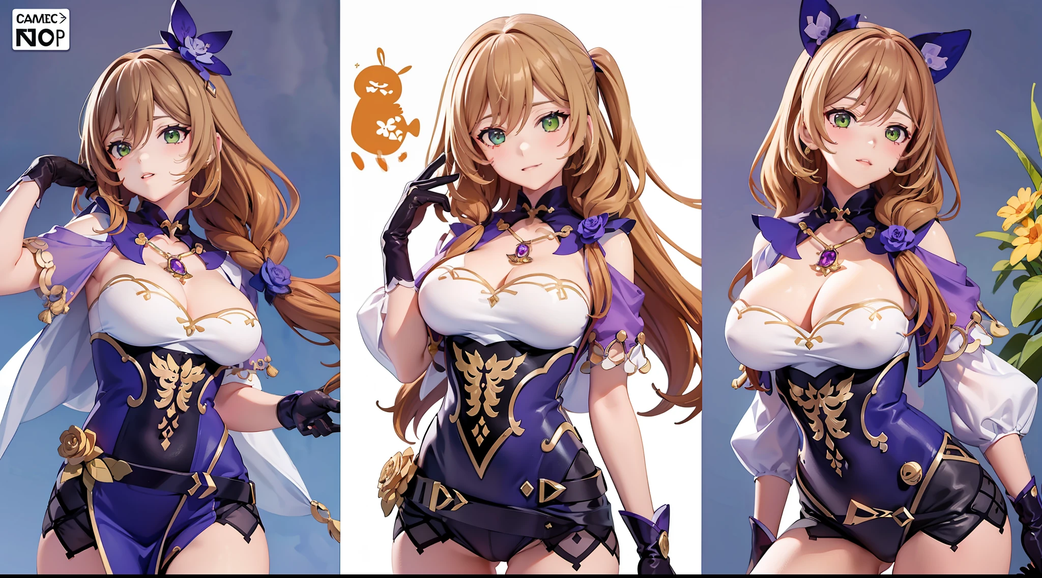 lisa(Genshin Impact)，6 anime character stickers with different expressions，Fleet collection style，Anime moe art style，girls frontline style，lovely art style，Miho art style，Official artwork，Chibi Art，Pisif，The style is Nendoroid，cute artwork，8K!,a variety of poses，The artistic stance of leather，Follow fashion trends,pale-blue，Comic cover style，Comic title，Slim figure，cropped shoulders，huge tit，White dress at the bottom，Mesh garment，Fleshy thighs，Below the waist are mesh stockings，Masterpiece，hyper-detailed face，Deep rendering