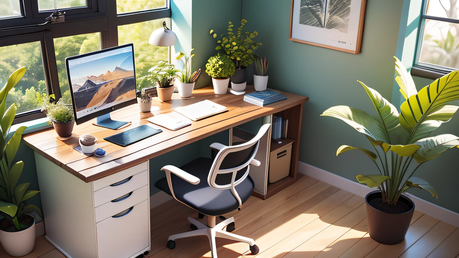 A luminous workspace adorned with a height-adjustable desk featuring a dark walnut top and sleek white legs, accompanied by a verdant potted plant and state-of-the-art laptop computer, all while being graced by the presence of an elegant feline companion, Real scene, photo, filming, UHD,