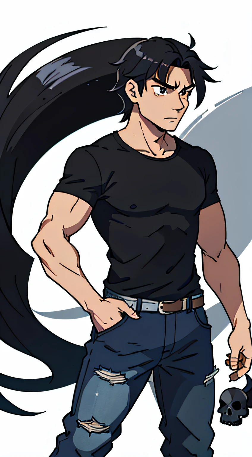 (best-quality:0.8), broken introspective perfect anime illustration, villain look, Aged 22, alpha male, long hair, facing the side, black hair, Black t-shirt with a skull, Blue jeans, black belt, Brown eyes, Muscular arms, scar face, alpha male, simple colors, white background, waist-up shot, half body shot, high resolution, no props, neutral pose, front view, normal pose