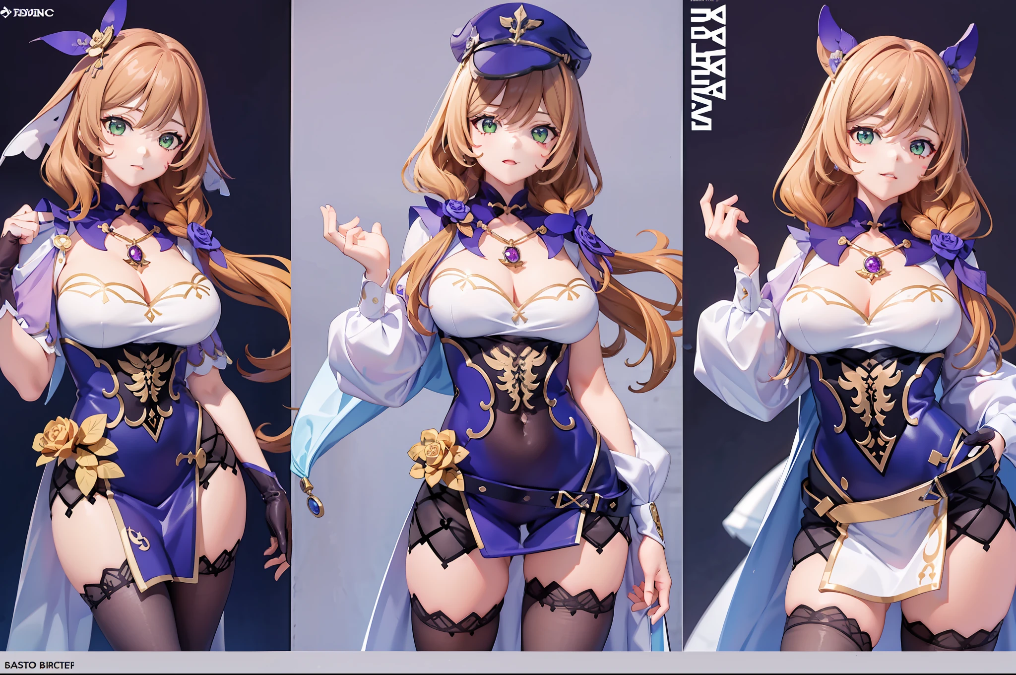 lisa(Genshin Impact)，multi-perspective，6 anime character stickers with different expressions，Fleet collection style，Anime moe art style，girls frontline style，lovely art style，Miho art style，Official artwork，Chibi Art，Pisif，The style is Nendoroid，cute artwork，8K!,a variety of poses，The artistic stance of leather，Follow fashion trends,pale-blue，Comic cover style，Comic title，Slim figure，cropped shoulders，huge tit，White dress at the bottom，Mesh garment，Fleshy thighs，Below the waist are mesh stockings，Masterpiece，hyper-detailed face，Deep rendering