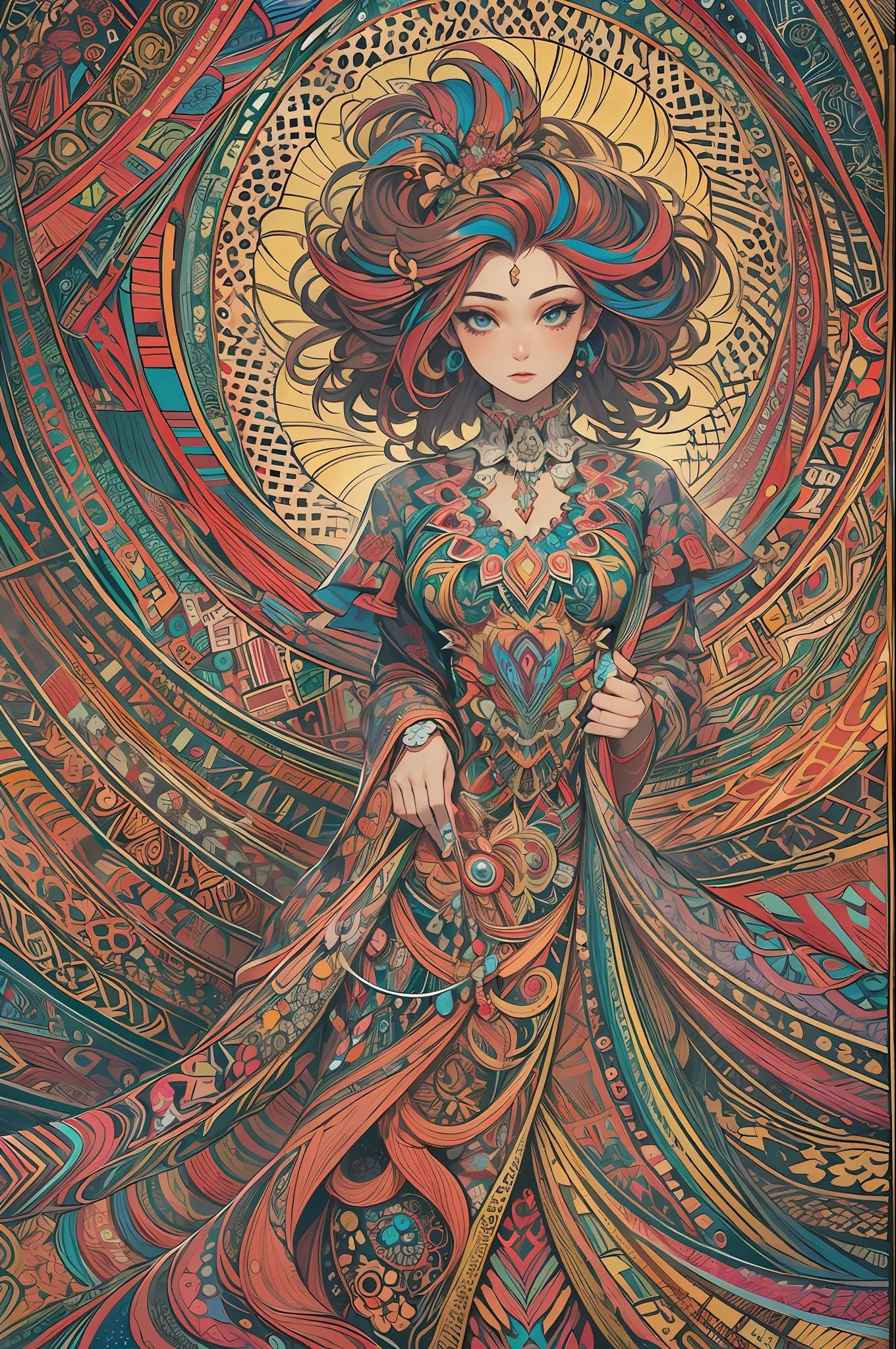 (masterpiece, top quality, best quality, official art, beautiful and aesthetic:1.2), (1girl:1.3), BREAK extremely detailed,(fractal art:1.2),colorful,highest detailed,(zentangle:1.2), (dynamic pose), (abstract background:1.5), (treditional dress:1.2), (shiny skin), (many colors:1.4), upper body