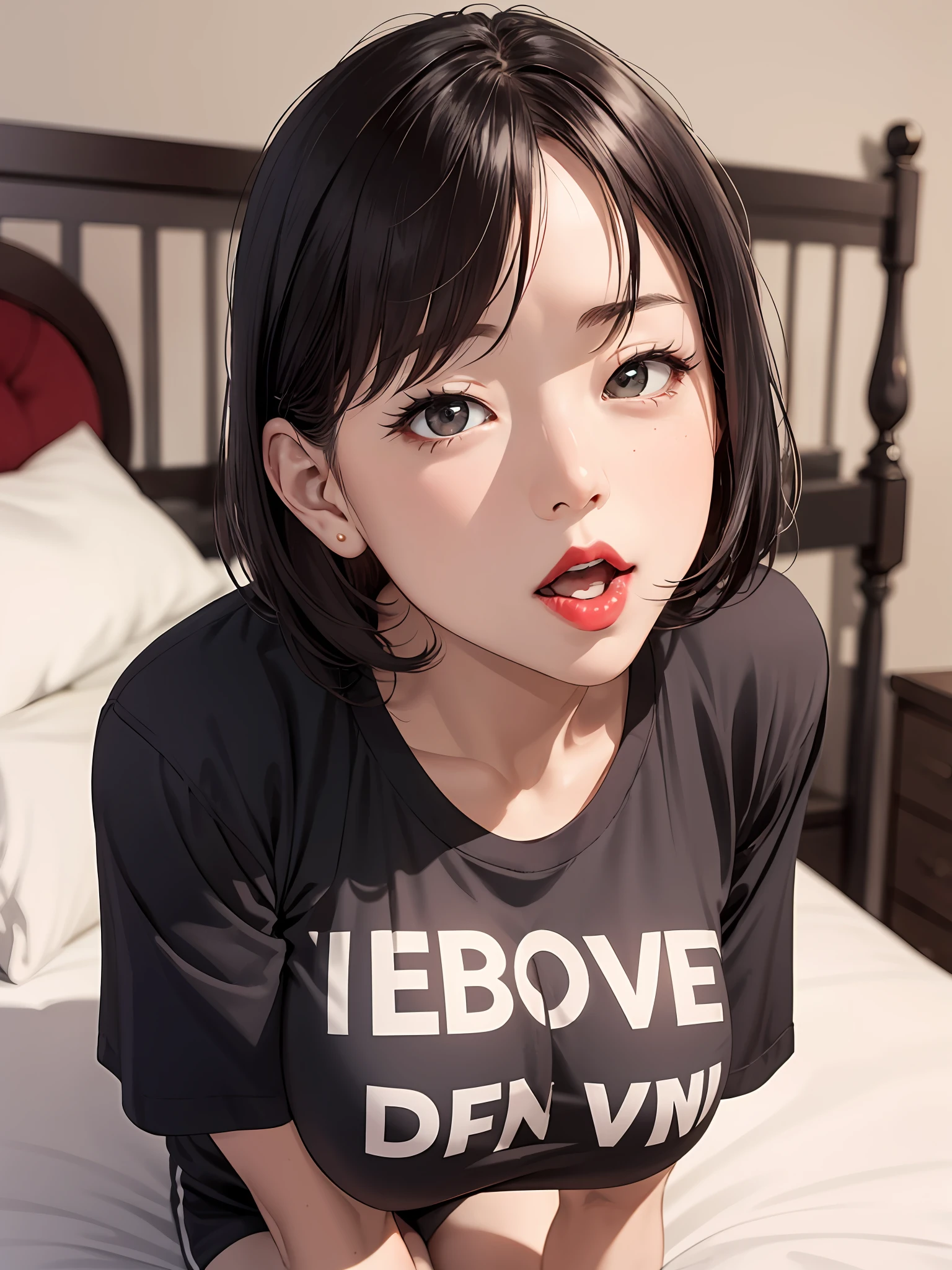 realisticlying、45-year-old girl、T-shirt wearing，Face enhancement，Chest super large zoom，Cleavage emphasis，Looking up from the bottom，Blushing，Red lips，A sexy，Bed sit，Open your mouth wide