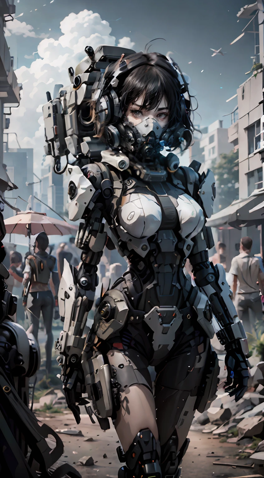 This is a CG Unity 8k wallpaper with ultra-detailed, high-resolution and top quality in cyberpunk style, dominated by black and red. In the picture, a beautiful girl with white messy short hair, a delicate face, wearing a steam mecha mask, standing on the ruins, behind her is a huge robot, and the action of a woman holding a heavy sniper rifle in her hand,