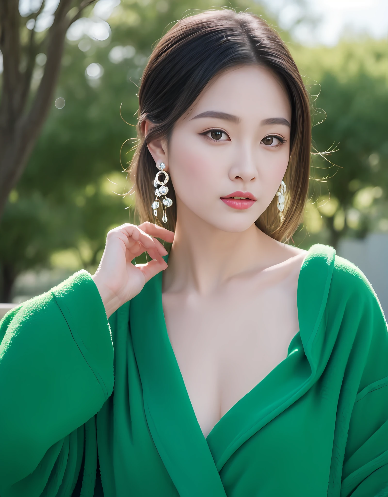 Portrait of a beautiful Japanese girl with porcelain skin, rosycheeks, Red lips, Straight black hair, Green bathrobe and pearl earrings. (8K, Best quality : 1.2), (Masterpiece, Photorealistic : 1.3), Super detail, Anatomically correct