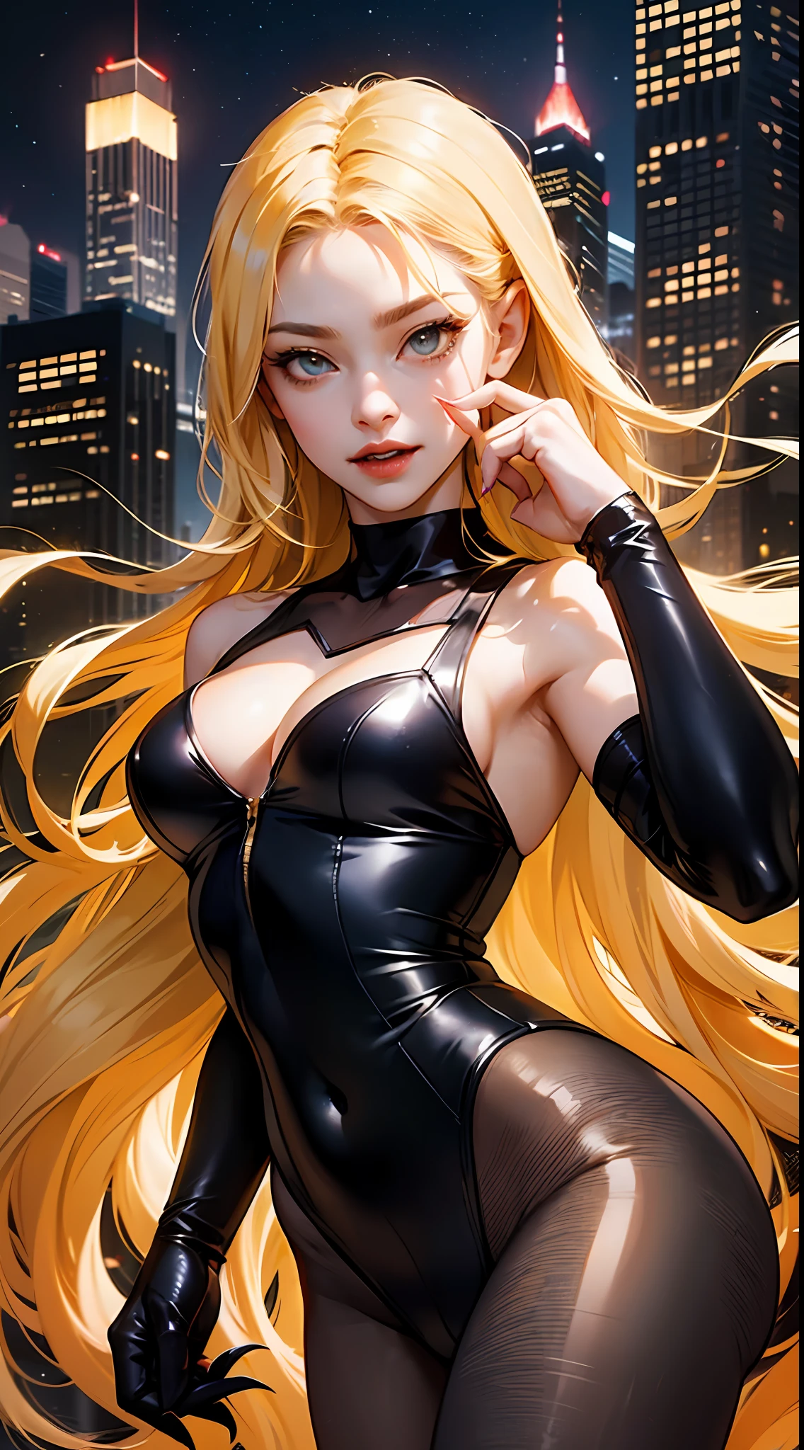 Enchanting Golden Scoundrel」Sensual vampire in short golden clothes、Black tights、Staring at the viewer、Flowing blonde hair、menacing gaze、Sparkling vampire fangs、Stain her pale face、Large, Sharp claws are ready to pounce、In a dark vision of the city at night