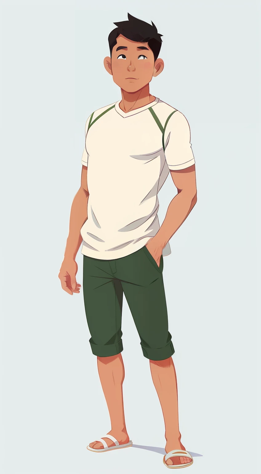 1 man, filipino man 40 year old, full body illustration, front view, wearing a white casual singlet, flipflop, skinny body, short green pants, no abs, white background, black skin, short hair