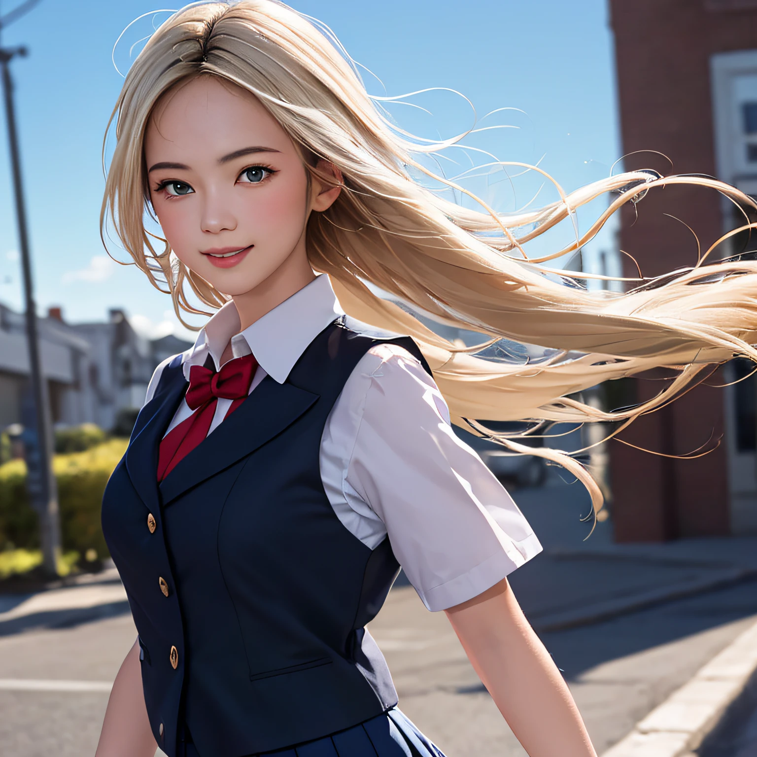 (8K, RAW Photos, of the highest quality, Masterpieces: 1.2), (Realistic, Photorealistic: 1.37), Highest Quality, Ultra High Resolution, light leaks, Dynamic lighting, Slim and smooth skin, (Full body:1.3), (Soft Saturation: 1.6), (Fair skin: 1.2), (Glossy skin: 1.1), Oiled skin, 22 years old, Night, shiny white blonde, Well-formed, Hair fluttering in the wind, Close-up shot of face only, Physically Based Rendering, From multiple angles, A big smile, School uniform, Pleated skirt, Beige vest, thunderstorm, The Flash,