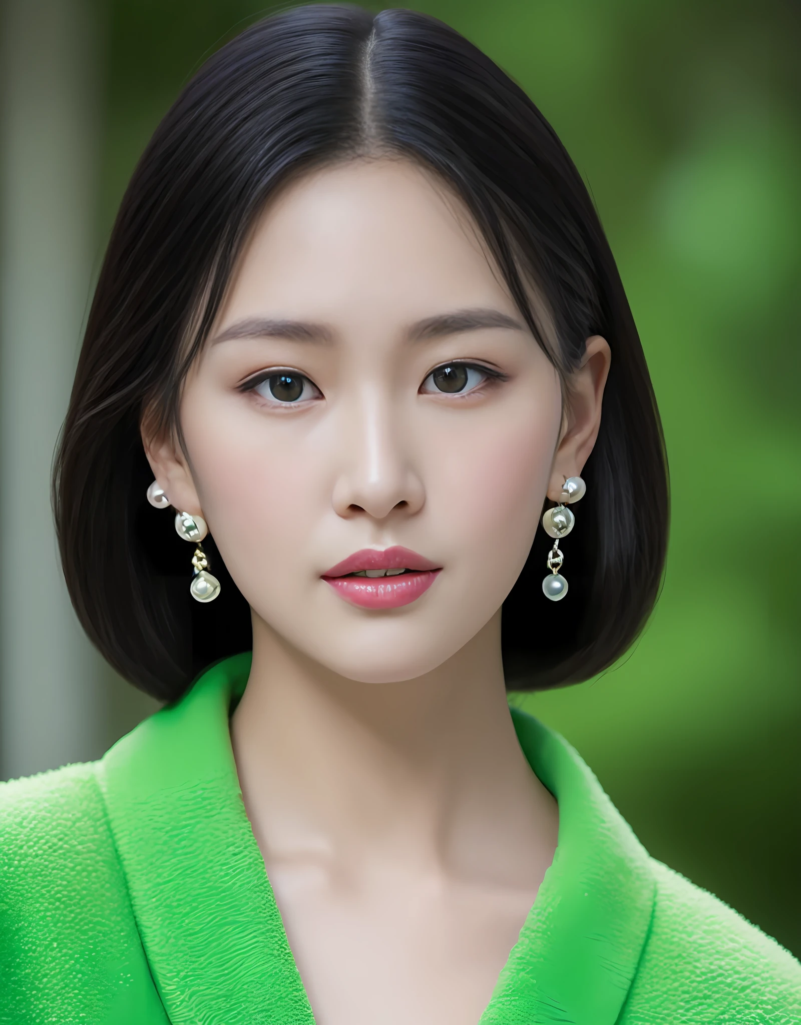 Portrait of a beautiful Japanese girl with porcelain skin, rosycheeks, Red lips, Straight black hair, Green bathrobe and pearl earrings. (8K, Best quality : 1.2), (Masterpiece, Photorealistic : 1.3), Super detail, Anatomically correct