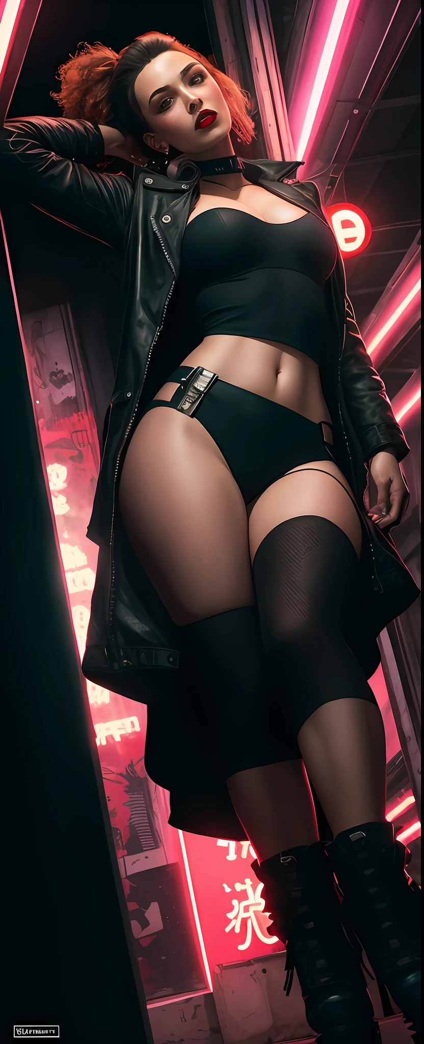 Close-up, uma supermodelo muito bonita, louro, com quadris muito largos e cintura estreita, full lips, cintura pequena e quadris grandes, Red lipstick, com roupas cyberpunk em uma cidade cyberpunk movimentada com placas de neon, neon lights, foco nítido, Studio photo, detalhes intrincados, altamente detalhado, profundidade de campo, foco nítido, High detail, textura de pele realista, Realistic, fotorrealista, Arte Digital, tinta escura, Directed by: Greg Rutkowski