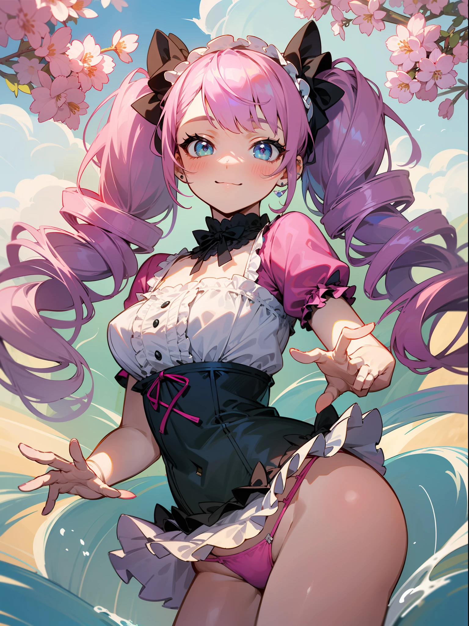 masutepiece, hyper quality, Hyper Detailed, Perfect drawing,Hi-Res、1girll,ssmile、Loose and fluffy hair、(((drills twintails)))、A pink-haired、Big eyes with double eyelids、lofty nose、blusher(0.2)、small mouth、ear piercings、Swimsuit(((Lolita Fashion)))、Clothes with lots of lace and frills、White or pink clothes、Premium Services、Luxury underwear、butt sticks out, Big round buttocks, blue-sky、Summer colors、Sunlight、shores、sand beach、Shooting from diagonally below, portlate、beatiful backgrounds, meticulous drawing, Accurate drawing、Perfect illustration、Perfect Beautiful Girl、high-class sense、