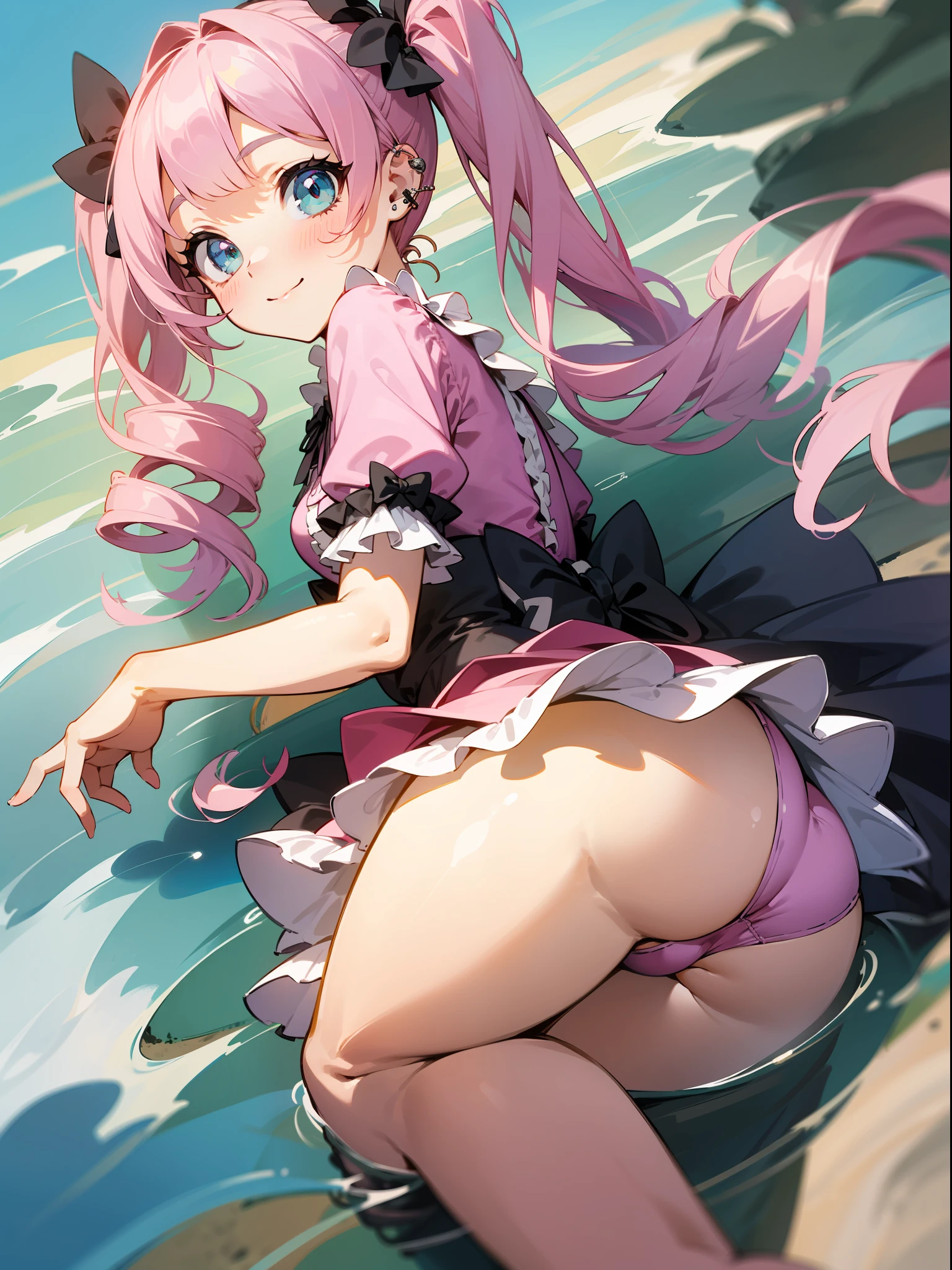 masutepiece, hyper quality, Hyper Detailed, Perfect drawing,Hi-Res、1girll,ssmile、Loose and fluffy hair、(((drills twintails)))、A pink-haired、Big eyes with double eyelids、lofty nose、blusher(0.2)、small mouth、ear piercings、Swimsuit(((ta Fashion)))、Clothes with lots of lace and frills、White or pink clothes、Premium Services、Luxury underwear、butt sticks out, Big round buttocks, blue-sky、Summer colors、Sunlight、shores、sand beach、Shooting from diagonally below, portlate、beatiful backgrounds, meticulous drawing, Accurate drawing、Perfect illustration、Perfect Beautiful Girl、high-class sense、