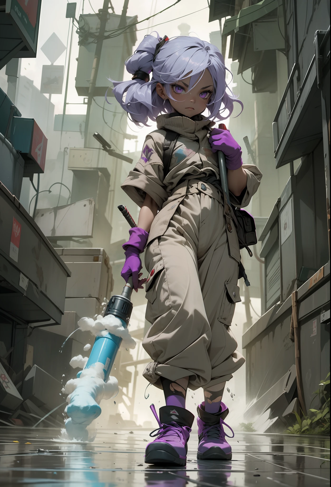 "A fierce 3-foot-4-inch warrior with tattered clothing and light purple skin, Tristana, holding a rocket launcher, stands firmly on the rain-soaked ground."