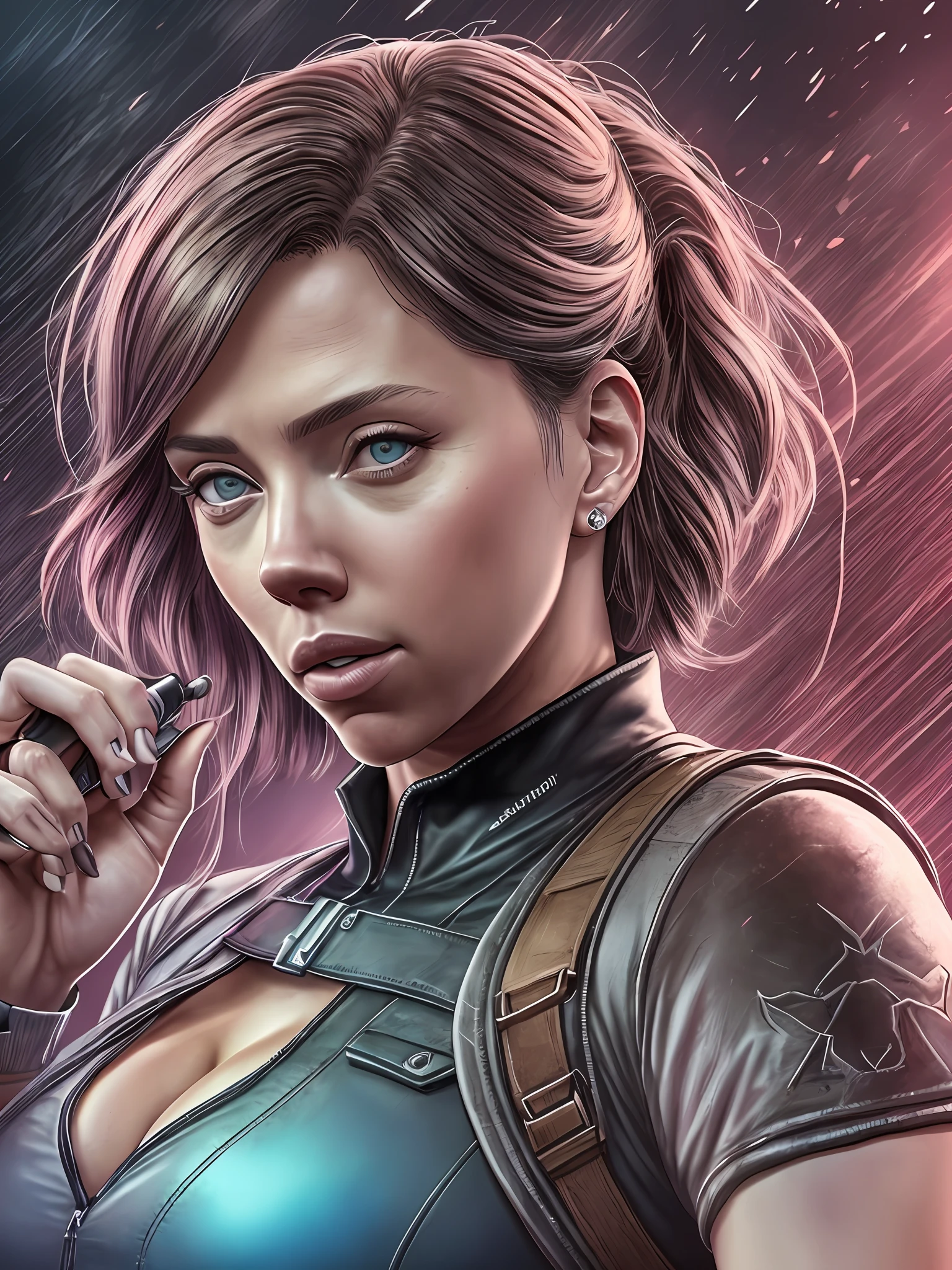 Illustrations up close of scarlett johansson as jill valentine shooting | 8k, hyper realistic, hyper details, uhd, hdr --auto --s2