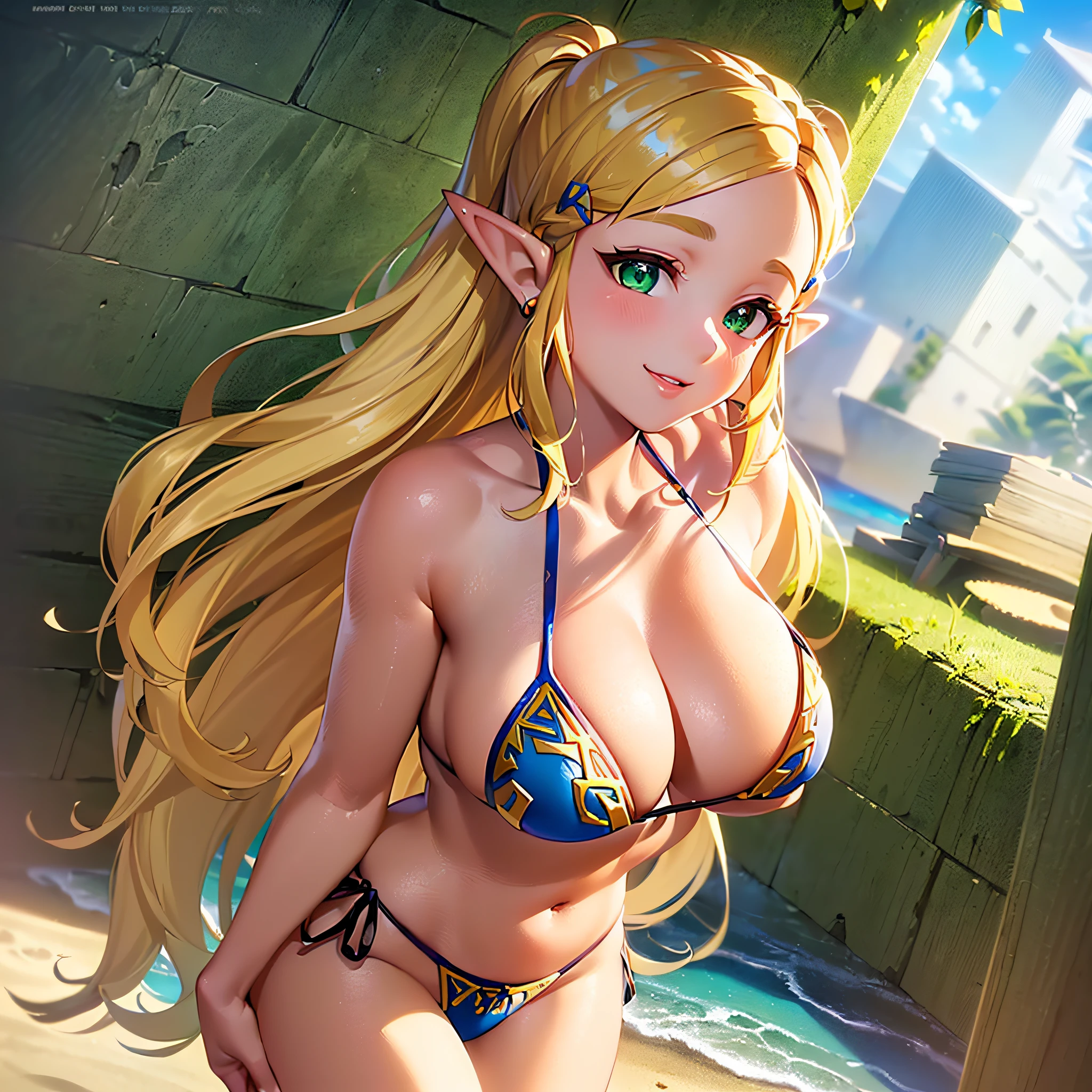 ((masterpiece)),(illustration),(((best quality)),iridescent, high resolution illustration,Amazing,highres,intricate detail, extremely detailed CG unity 8k wallpaper ((zelda)), large breasts, cleavage, full body, (delicate cute face), blond long hair, lovestruck,(green eyes), beach, sunlight, day time, micro bikini, smile, facing viewer, young , bare arms,