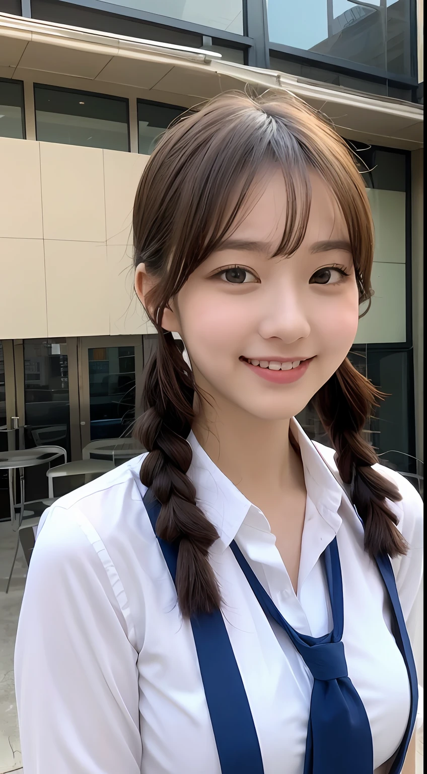 Highly detailed 8k wallpaper), sharp focus, detailed, dramatic, delicate and beautiful schoolgirl, sheer white shirt, tie, dark blue pleated micro mini, light brown hair, smooth pigtails, sexy, smile, peeking at the viewer, beautiful graphics, bright school building, full of students, showing the whole body,.