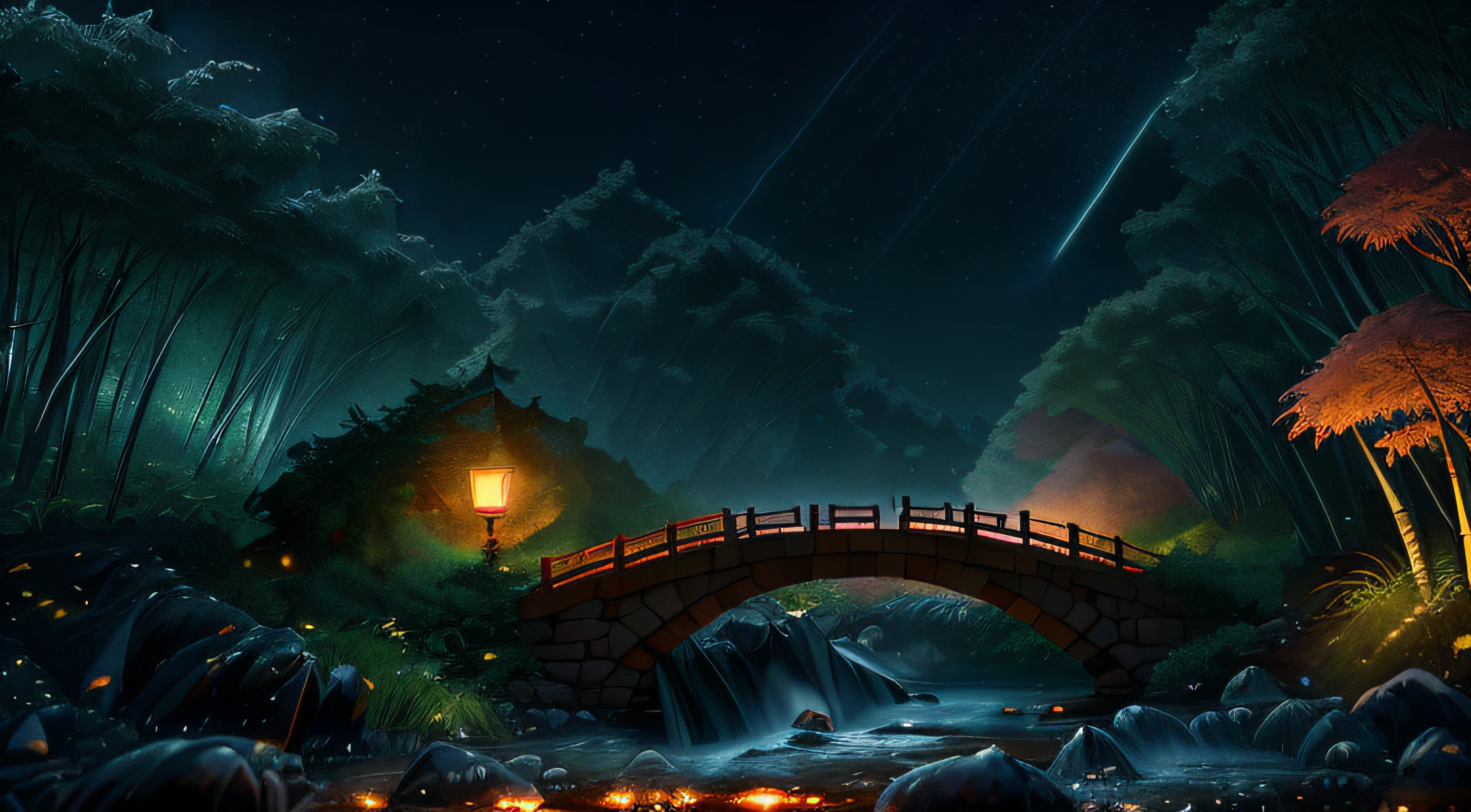 ((diffuse colors)) Ancient Chinese architecture, cool colors, dark night, moon, garden, bamboo, lake, stone bridge, rockery, arch, corner, tree, running water, landscape, outdoor, waterfall, grass, rock, intense rainfall, thunderstorm, vines all around, giant and wet trees, with glowing leaves in the trees, glowing fireflies and glowing particle effects, masterpiece, best quality, high quality, extremely detailed CG unity 8k wallpaper, oil paiting, award winning photography, Bokeh, Depth of Field, HDR, bloom, ,Photorealistic,extremely detailed, trending on artstation, trending on CGsociety, Intricate, High Detail, dramatic, art by midjourney, volumetric lighting