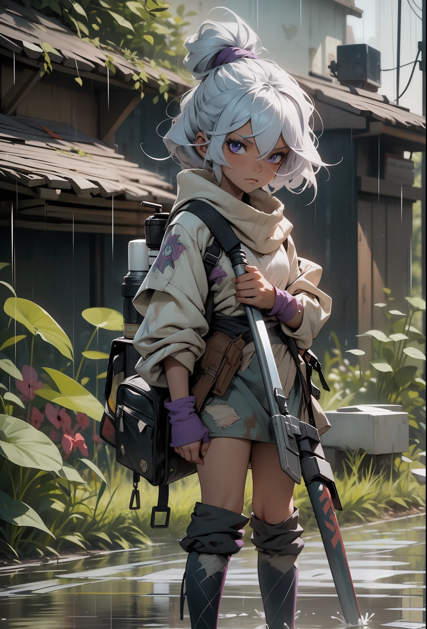 "A fierce 3-foot-4-inch warrior with tattered clothing and light purple skin, Tristana, holding a rocket launcher, stands firmly on the rain-soaked ground."