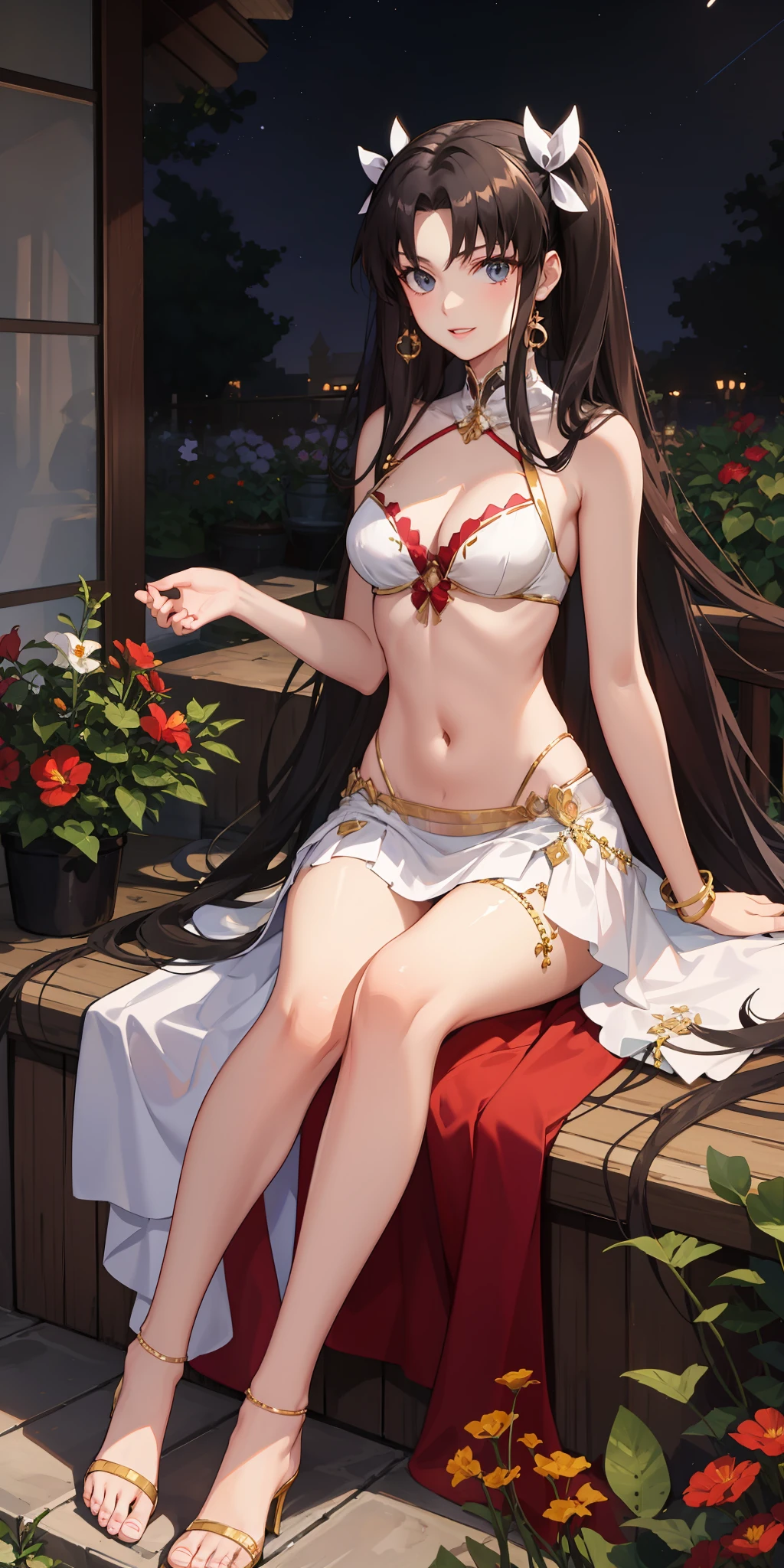 long hair, black hair, medium breast, slim legs, happy, white gown, cleavage, arabian belly dancer , skirt, rin tohsaka, twin tail, navel, garden, night, sitting