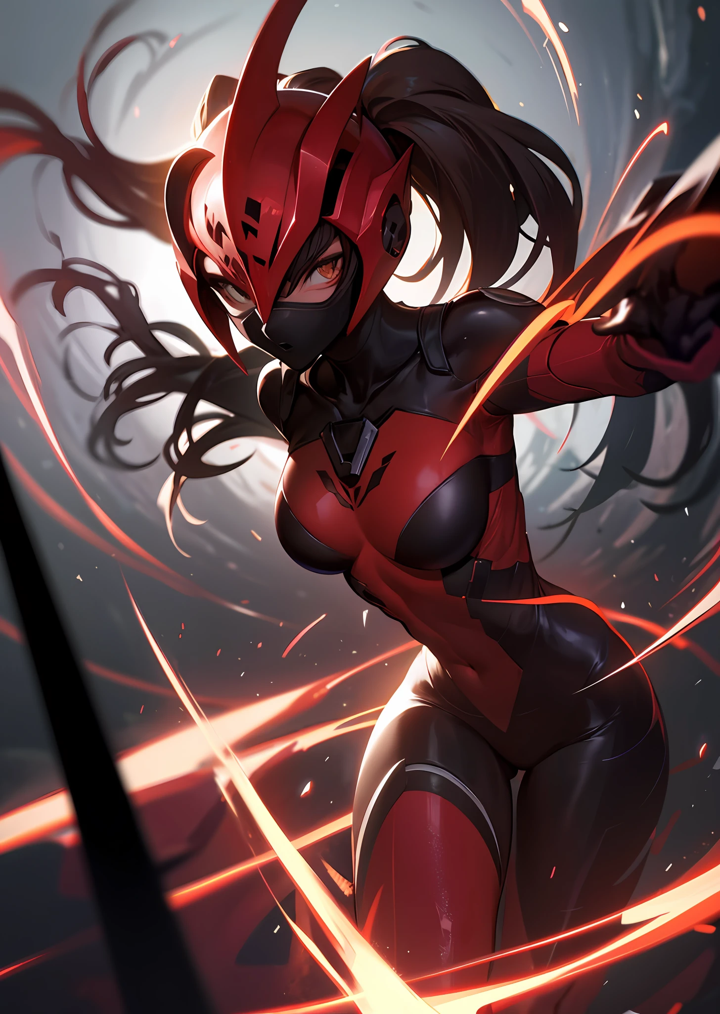 (masutepiece), Best Quality, High resolution, Ultra-detailed, Vivid texture, mask、Stand up to the powerful, A tight bodysuit that emphasizes her gorgeous figure, Dynamic lighting, Ruby red/Black contrast, cinematic view, intense emotion, Immersive experience, timeless beauty, Breathtaking.