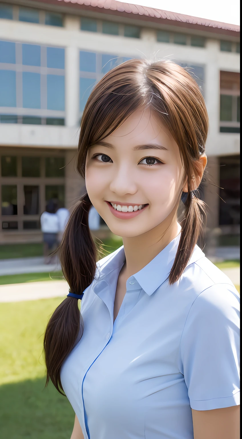 Highly detailed 8k wallpaper), sharp focus, detailed, dramatic, delicate and beautiful schoolgirl, sheer white shirt, tie, dark blue pleated micro mini, light brown hair, smooth pigtails, sexy, smile, peeking at the viewer, beautiful graphics, bright school building, full of students, showing the whole body,.