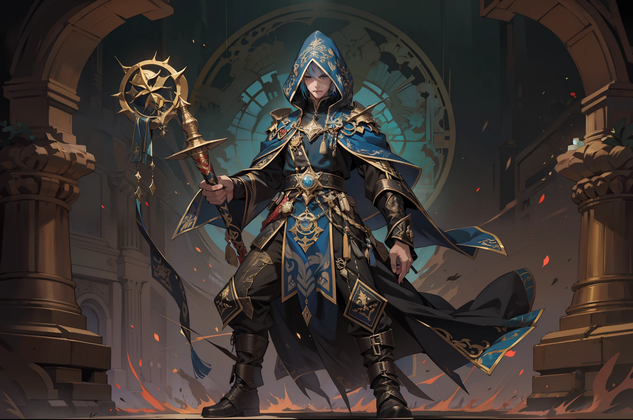 (Maximum quality, obra de arte, estilo de arte ordem paranormal, feito Orenjiru, feito por JSH, feito por Artistan Studios, vivid color scheme, esquema de cores de Arcane, pintura de ordem paranormal) A paranormal blade occultist in Western fighting clothes, batalha com um cajado, cabelos loiros, grande nariz, olhos chamativos.
