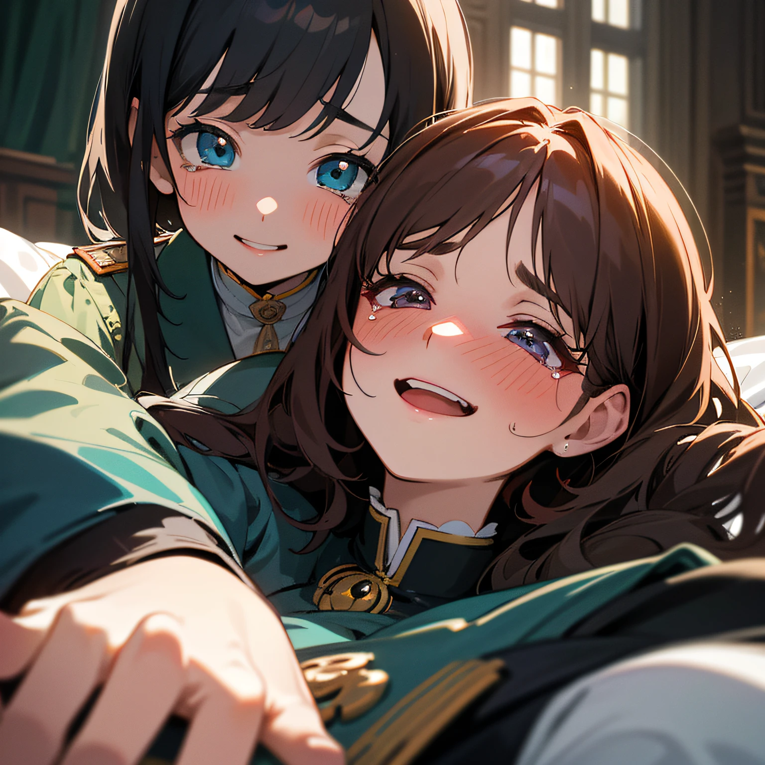 hight resolution,ultra-detailliert,Official art,Beauty and aesthetics,masterpiece,best qualtiy,ighly detailed,Variegated,Most details、Shining eyes、Detailed eyes、face perfect、enigmatic、A dark-haired、National Uniform、Two women tickling each other、Crying and laughter、red blush