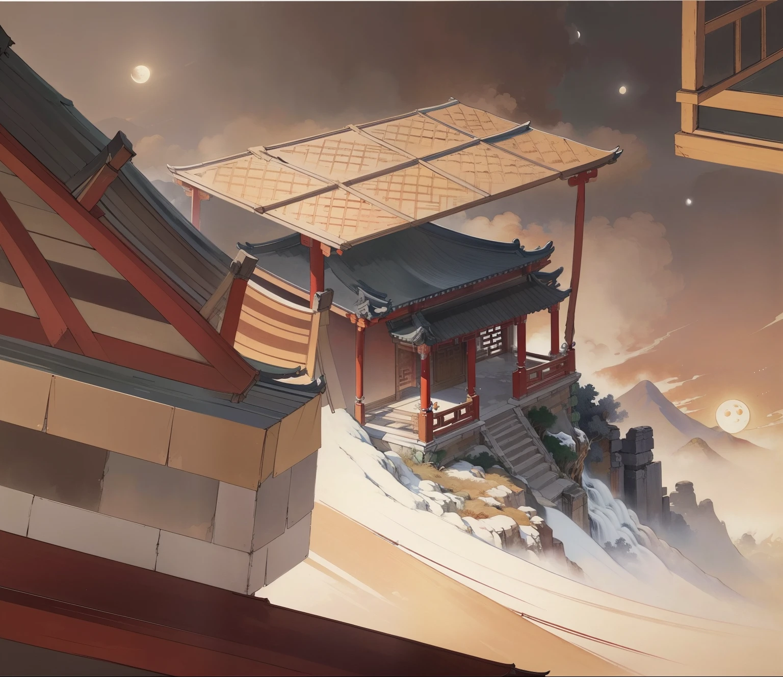 Ancient Chinese landscapes,Ancient buildings,Pavilions,Carved beams and paintings,enchanting scenery,Night,Moon light,Layered, Rich light and shadow,Mid-Autumn Festival, Ink painting style,clean color,Low-saturation colors,Colors of low brightness,Decisive cut,Leave white space,impressionistic,tmasterpiece,ultra - detailed,Epic composition, HighestQuali,hyper realisitc,Art germ --v 6