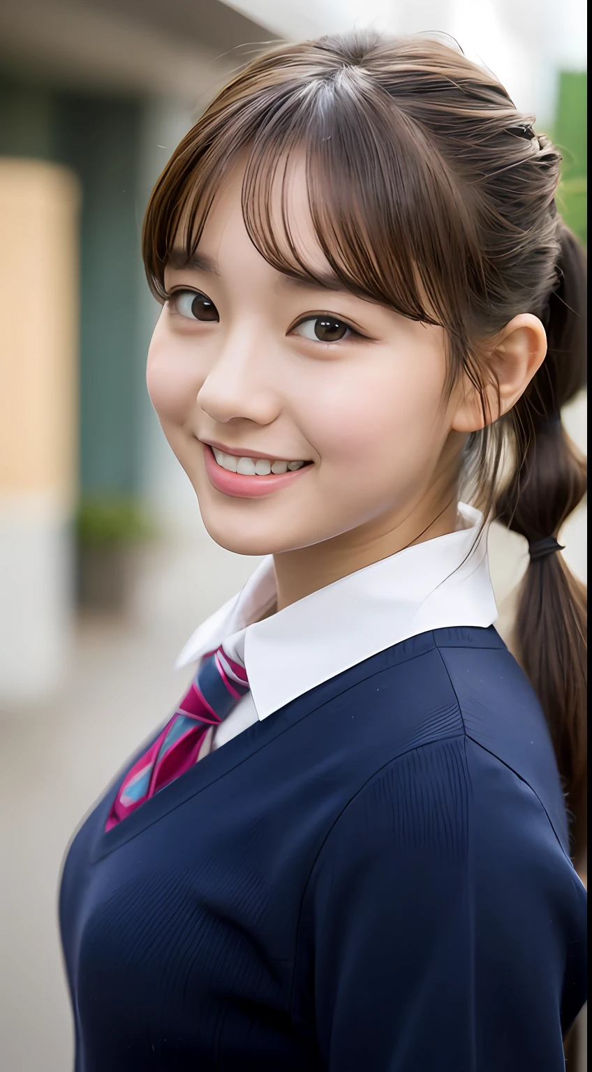 Highly detailed 8k wallpaper), sharp focus, detailed, dramatic, delicate and beautiful schoolgirl, sheer white shirt, tie, dark blue pleated micro mini, light brown hair, smooth pigtails, ????, smile, peeking at the viewer, beautiful graphics, bright school building, full of students, showing the whole body,.