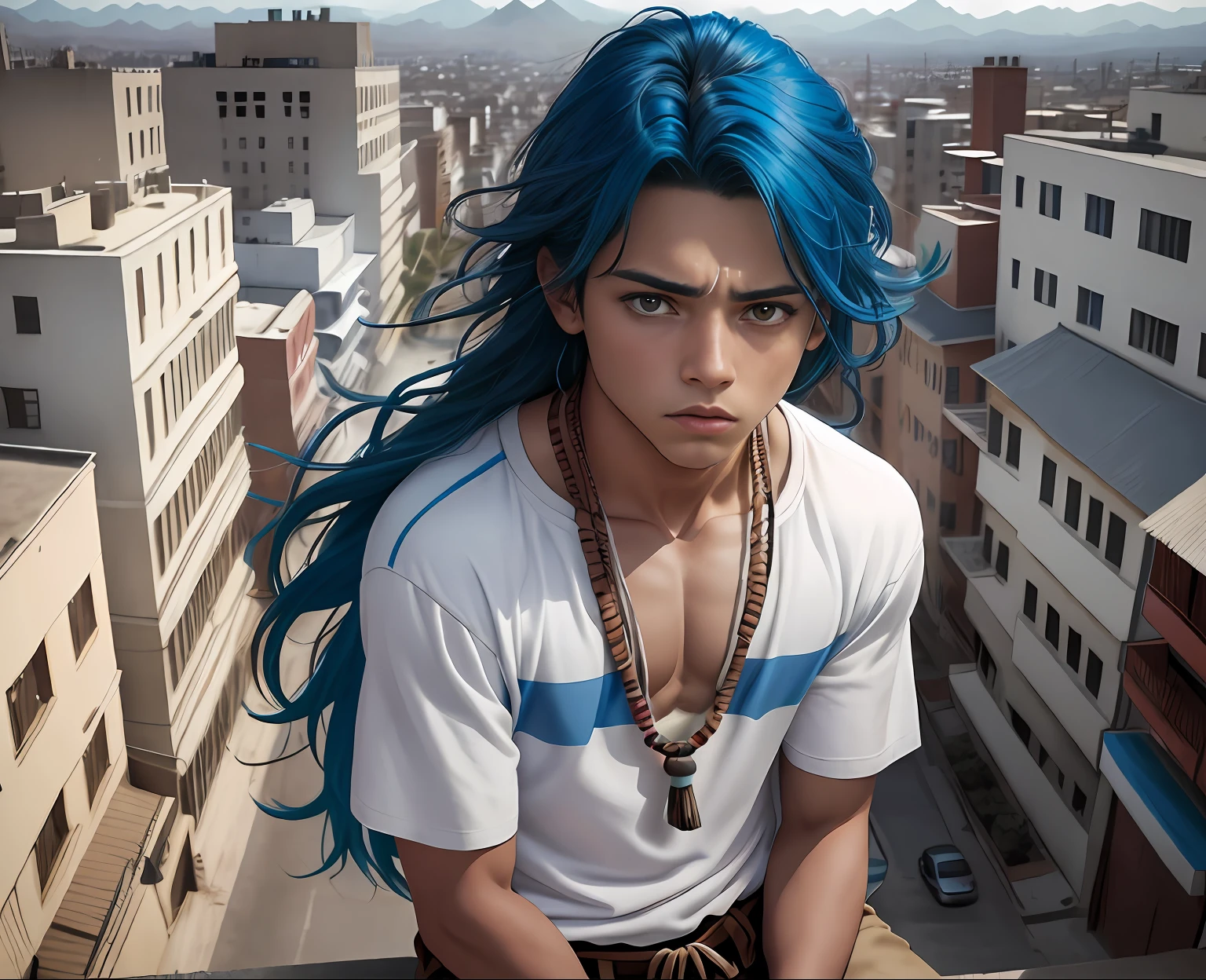 cabello color azul, cabello lacio, -yeld bomestizo sin ropa dorso descubierto cabello de color azul, ojos azules , mira ala ciudad, Anime image of a 15-year-o ma top a building in New York , esta mirando triste desconcertado la ciudad, desde lo alto de una escuala., cabello azul rostro mestizo, ojos azules,sin camisa atuendo tribal egipcio, egipcia antigua mirando desde lo alto de una escuela secundaria a una ciudad triste muy lejana , , Screenshot of anime movie