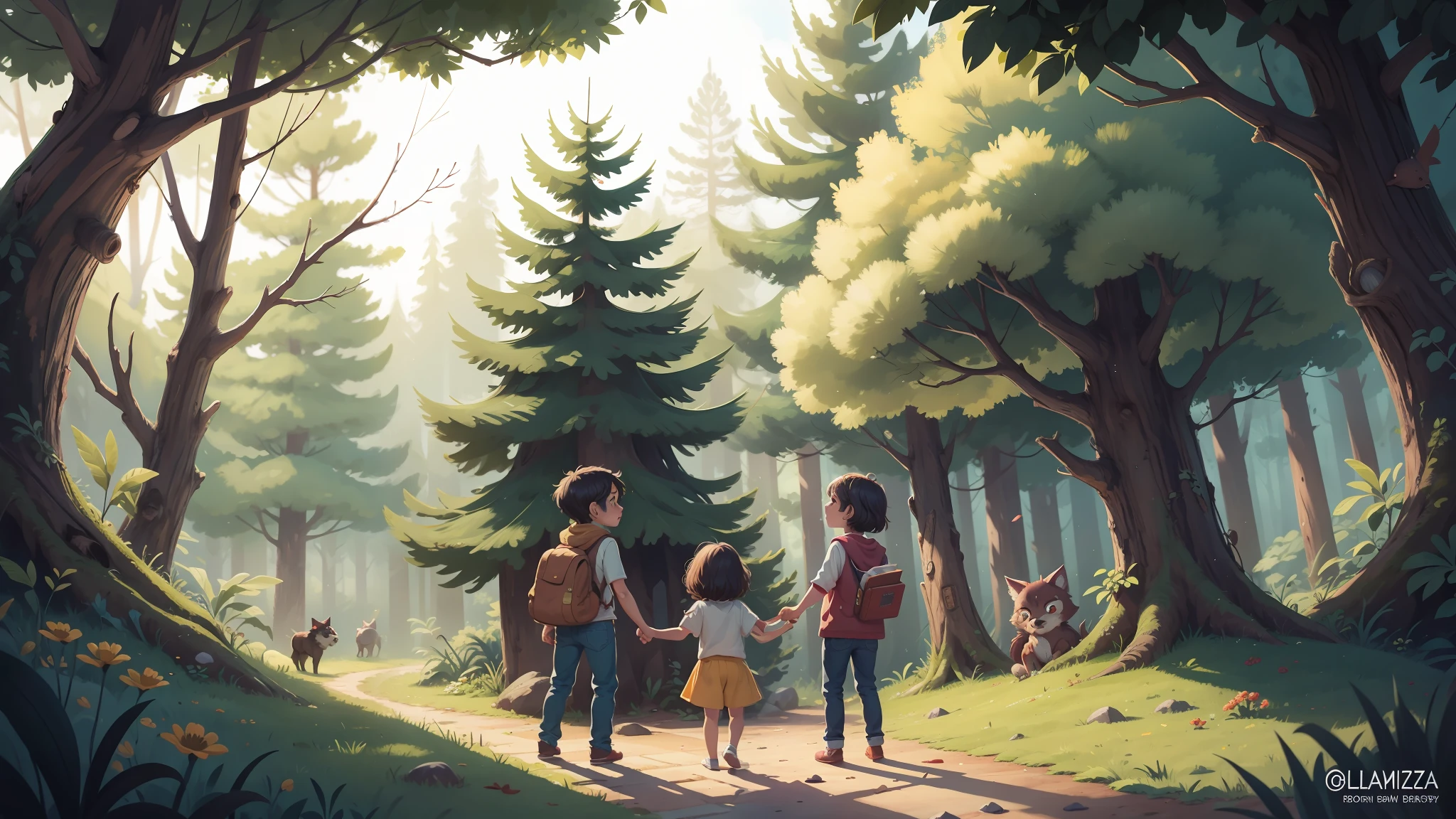 [Obraprima ,--1 Garota com sobretudo vermelho e capuz::4, Floresta desencantada::1, solo, olhando o werewolf::3, pencil style::1,Children's book Art style illustration, || --1 Werewolf with torn pants being looked at by a girl::4 ,floresta encantada::1,solo,visto::3,pencils::1,Children's book Art style illustration,] , Illustration for children's book,
