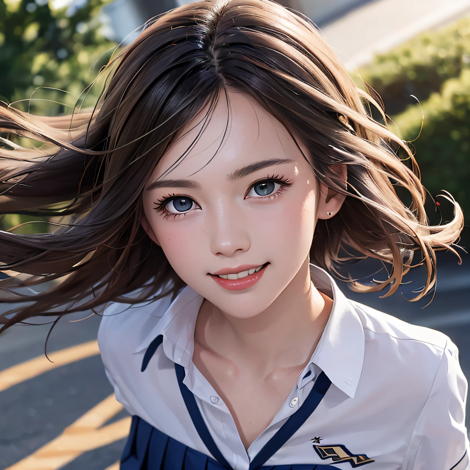 (8K, RAW Photos, of the highest quality, Masterpieces: 1.2), (Realistic, Photorealistic: 1.37), Highest Quality, Ultra High Resolution, light  leaks, Dynamic lighting, Slim and smooth skin, (Full body:1.3), (Soft Saturation: 1.6), (Fair skin: 1.2), (Glossy skin: 1.1), Oiled skin, 22 years old, Night, shiny white blonde, Well-formed, Hair fluttering in the wind, Close-up shot of face only, Physically Based Rendering, From multiple angles, A big smile, School uniform, Pleated skirt, thunderstorm, The Flash,