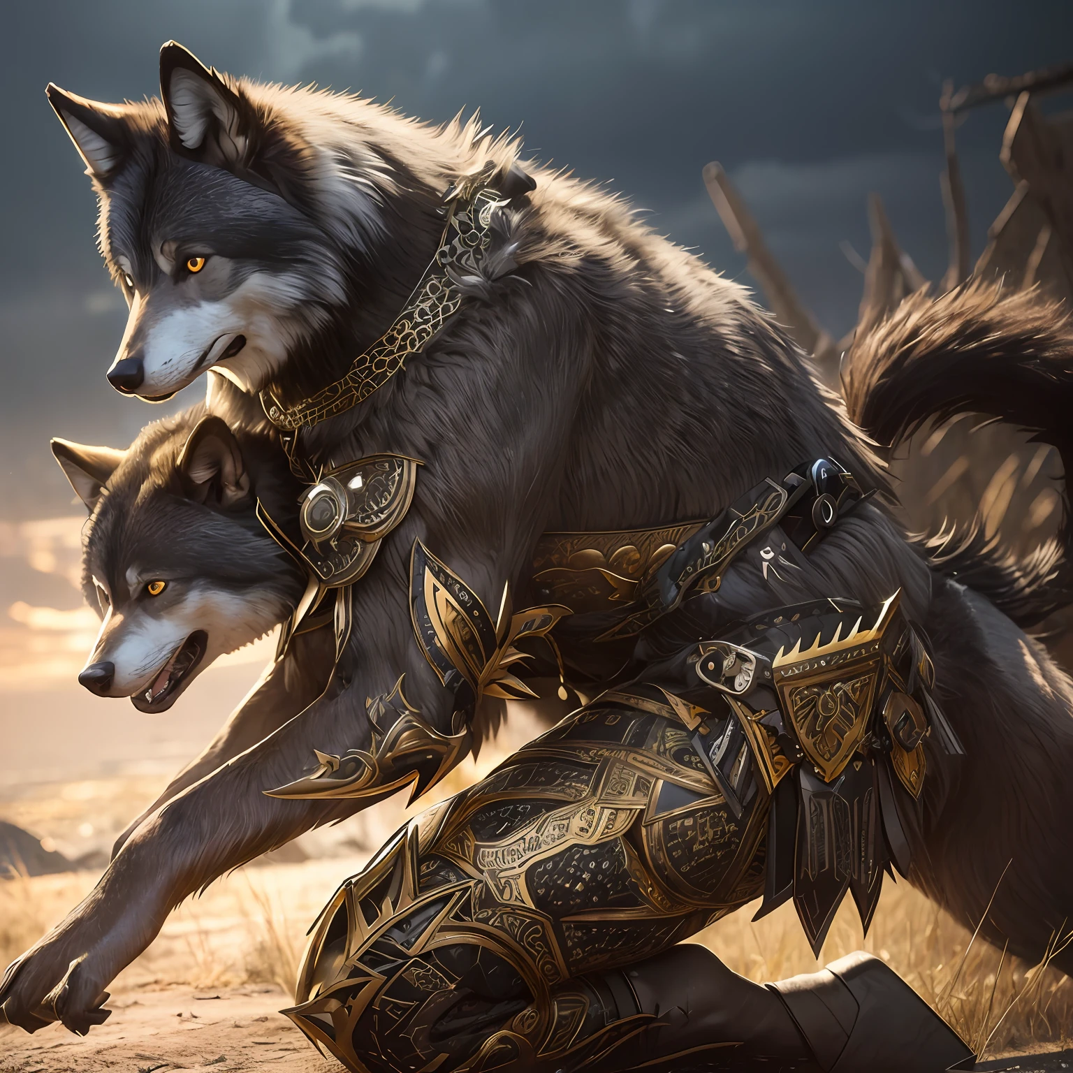 A wolf made of metal、art by（Tiere、metalic、metals、Metallic luster、Made of metal body、fe、Black iron、golds）Wild Pose、Not a single person、top-quality、art by、myth、Official Art、Realistic Wolf、The background has a mythical atmosphere、Delicately --auto