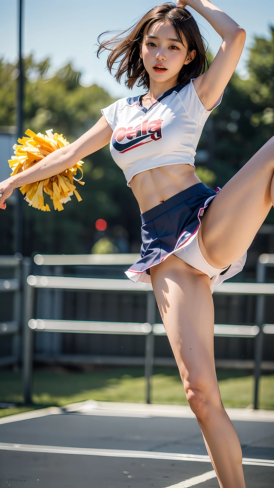 (​masterpiece:1.5, Top image quality, 8K、Photorealsitic:1.9)、(cheer girl:1.5)、a miniskirt、独奏,  Short blouse, no-bra, Latina, puberty, Sheer panties、 frombelow, Beautiful feet、coxa、obscenity, sports ground、hard breathing,  Expressions, Open legs、shinny skin、Glossy lips、Beautiful skin、Muscle exposure、Light on the Face、Cheer Dance Club、1 persons、large boob