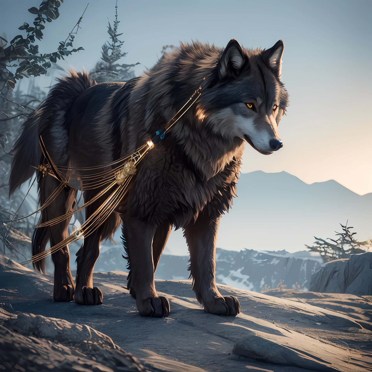 A wolf made of metal、art by（Tiere、metalic、metals、Metallic luster、Made of metal body、fe、Black iron、golds）Wild Pose、Not a single person、top-quality、art by、myth、Official Art、Realistic Wolf、The background has a mythical atmosphere、Delicately --auto