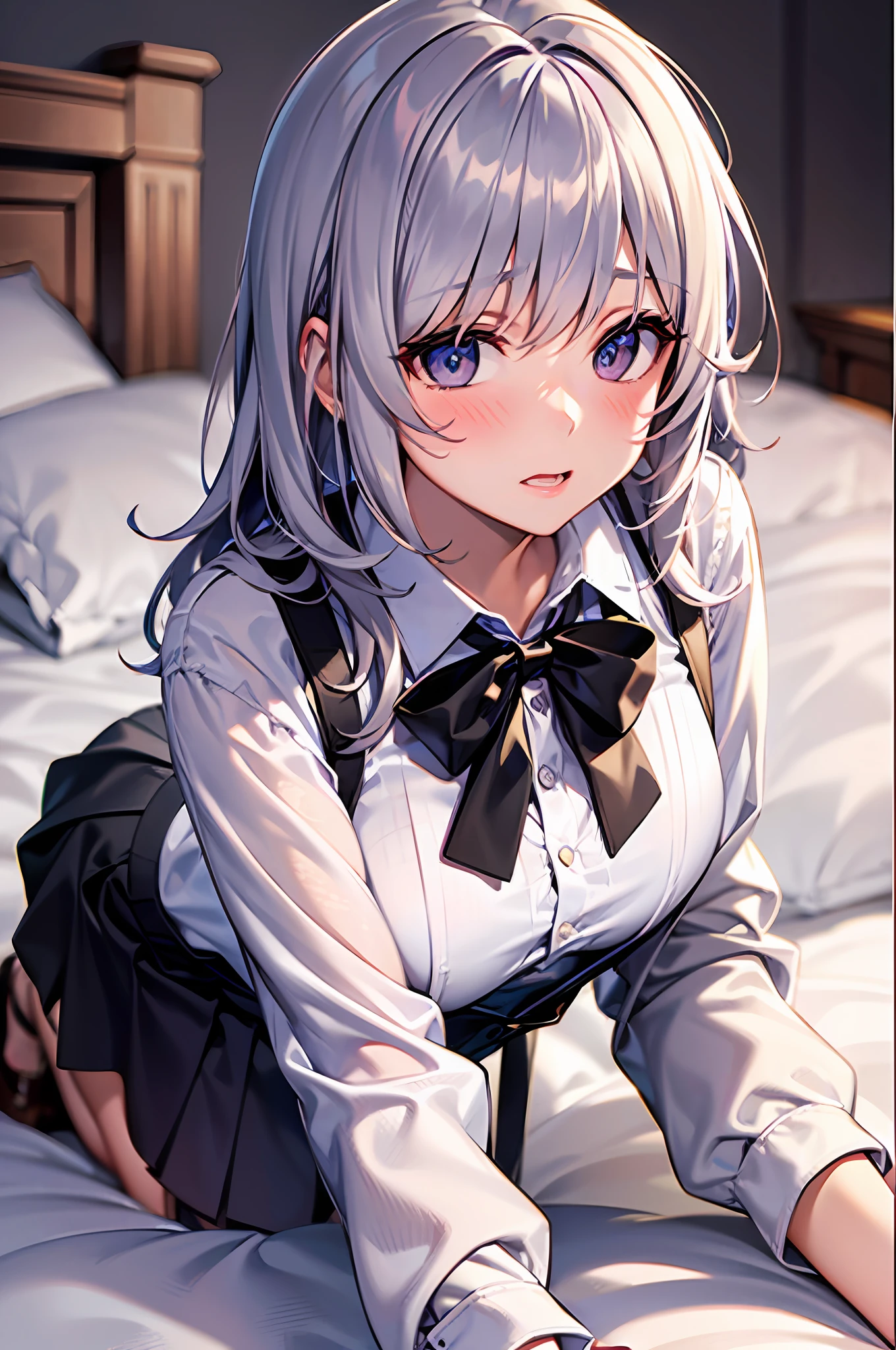 One lady，{Best Quality}, {ultra-detailliert}, {very detailed illustration}, Top image quality，silber hair, Aimei, embarrassed from，breastsout，red blush，Black tie，{Suspender Skirt}，suspenders，skirt by the，long-sleeve，Casual clothing，a bed，all-fours，{bustup}，front-facing view