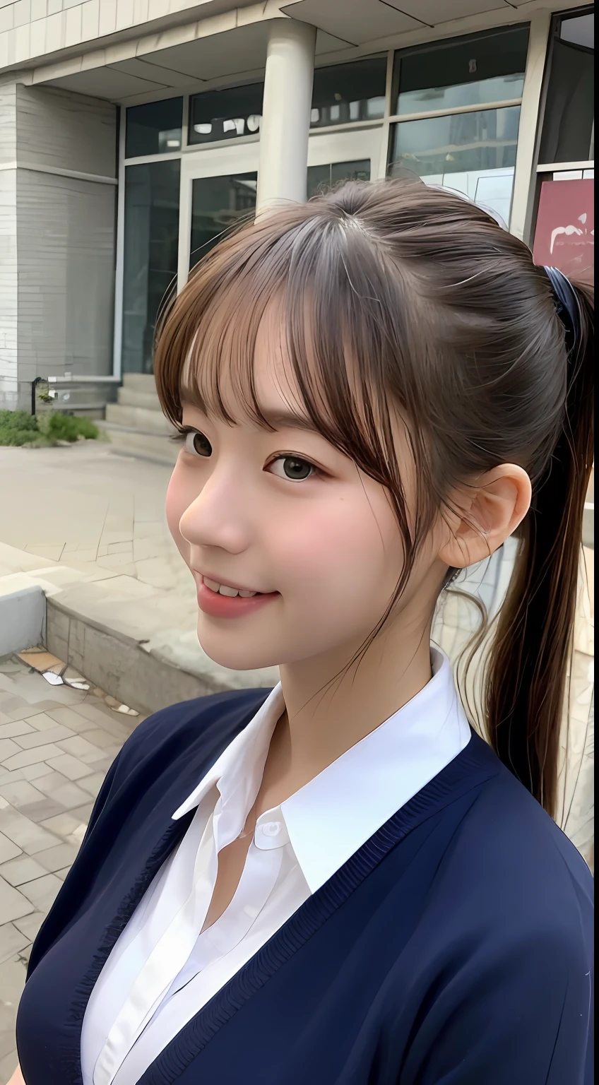 Highly detailed 8k wallpaper), sharp focus, detailed, dramatic, delicate and beautiful schoolgirl, sheer white shirt, tie, dark blue pleated micro mini, light brown hair, smooth pigtails, sexy, smile, peeking at the viewer, beautiful graphics, bright school building, full of students, showing the whole body,.