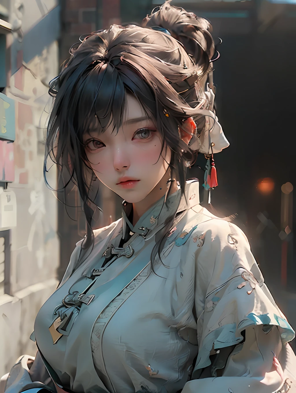 (Best Quality), ((Masterpiece), (Detail: 1.4), 3D, A Beautiful Chinese Female Figure, HDR (High Dynamic Range), Ray Tracing, NVIDIA RTX, Super-Resolution, Unreal 5, Subsurface Scattering, PBR Textures, Post-Processing, Anisotropic Filtering, Depth of Field, Maximum Sharpness and Clarity, Multi-layer Textures, Albedo and Highlight Maps, Surface Shading, Accurate simulation of light-material interactions, perfect proportions, Octane Render, two-color light, large aperture, low ISO, white balance, rule of thirds, 8K RAW,