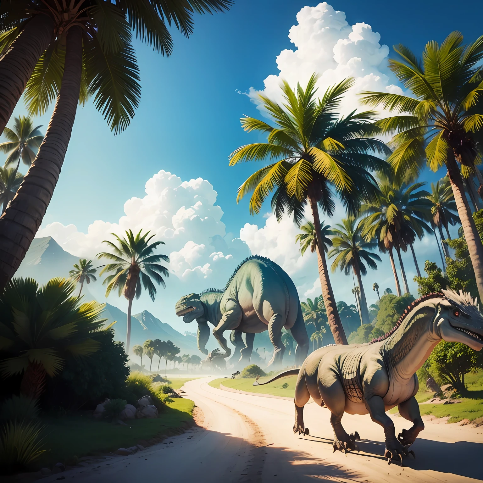 Prehistoric realistic scenery with gigantic palm trees and moving dinosaurs. --auto