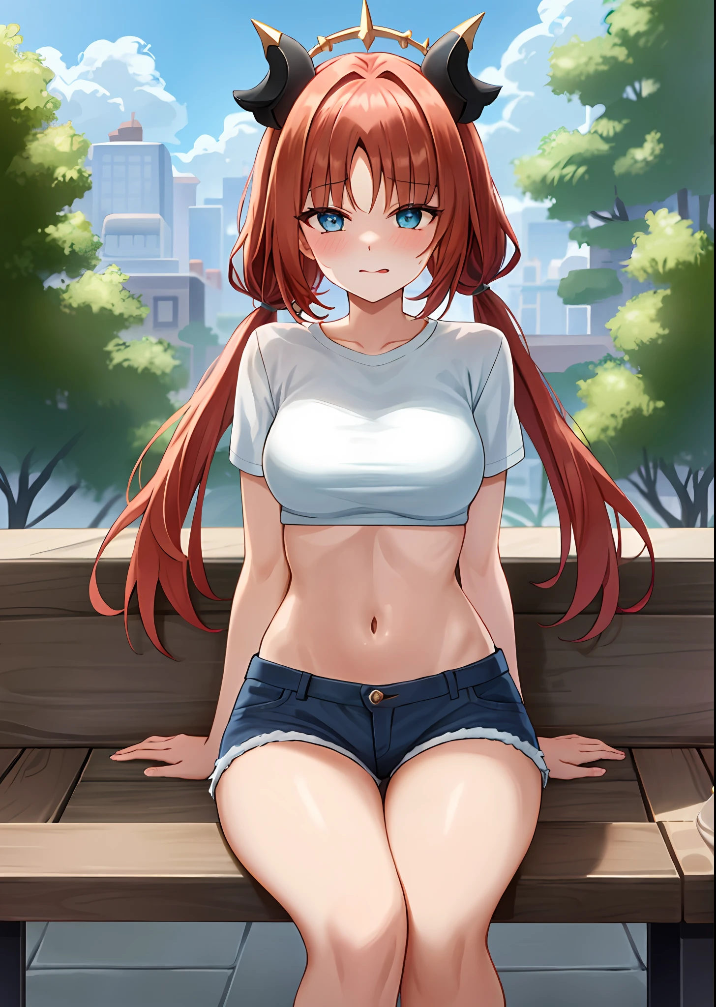 (masterpiece, best quality, ultra-detailed), nilou \(genshin impact\), (red hair), cone hair bun, twin tails, long hair, swept bangs, braid, braided bangs, blue eyes, blue eyes,
(wearing a t-shirt:1.2), sitting on a chair outside of caf, embracing the natural beauty, sunlight, beautiful cloudy sky, city, street, denim shorts, black stocking,
medium breasts, thick thighs, critical angle, cowboy shot, arm behind head, arm behind back, holding breasts, tongue out, crop top, strong and seductive expressions,,